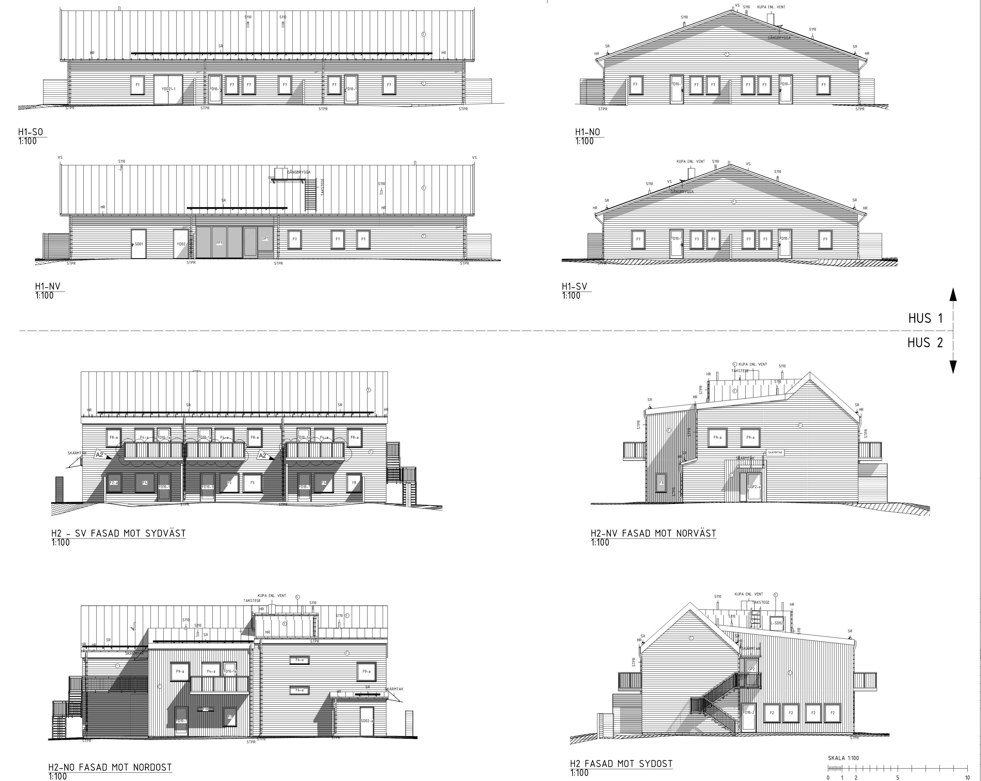 Arkitektritningar av LSS Jälla med flera fasad- och sektionsvyer för att visa byggnadens utformning.