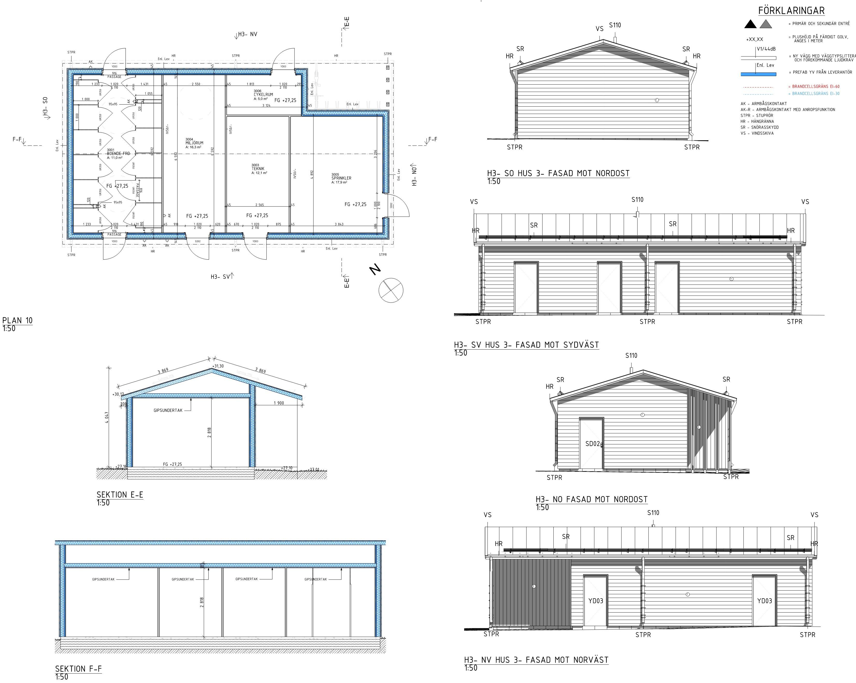 Arkitektritningar för LSS Jälla som visar planlösning, fasader och sektioner av byggnaden.