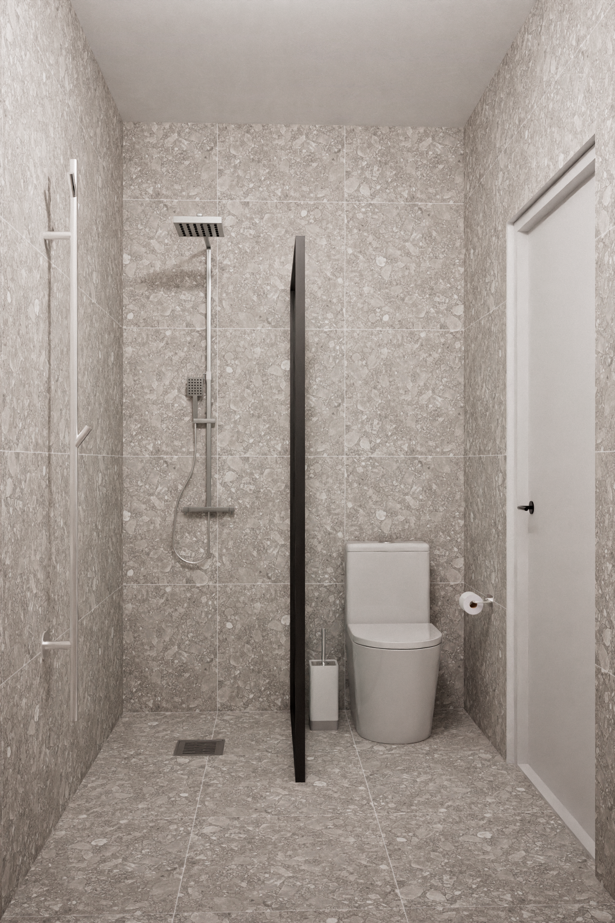 Helkaklat badrum med grå stenkeramik, vägghängd toalett och en takdusch i en duschhörna med industriell glasvägg.