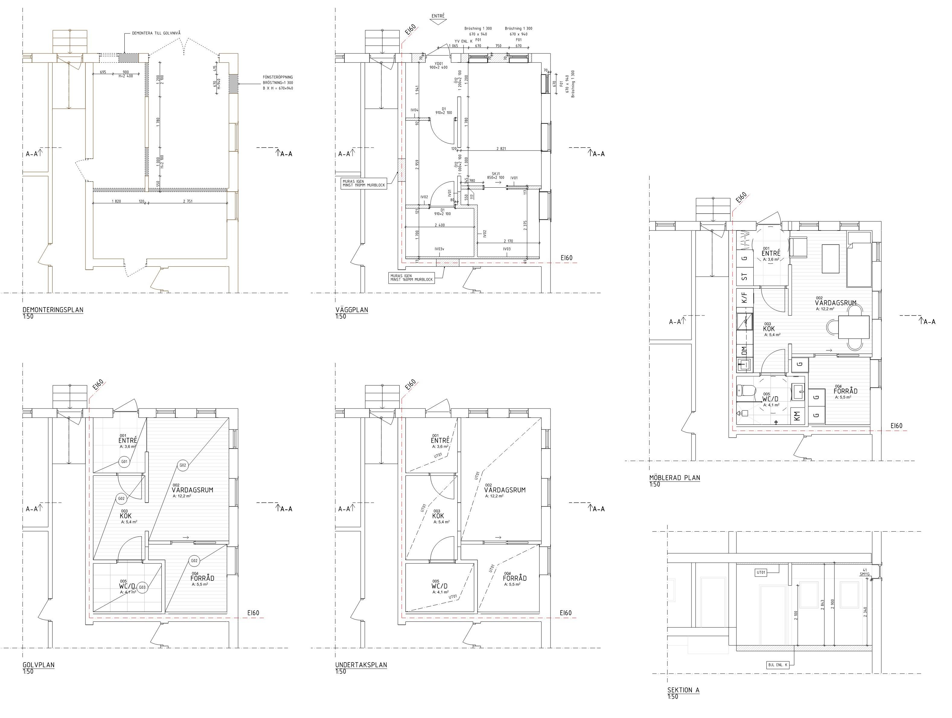 En samling tekniska arkitektritningar för projekt Klappträet 6, som visar planlösning, sektioner och olika vyer av bostaden.