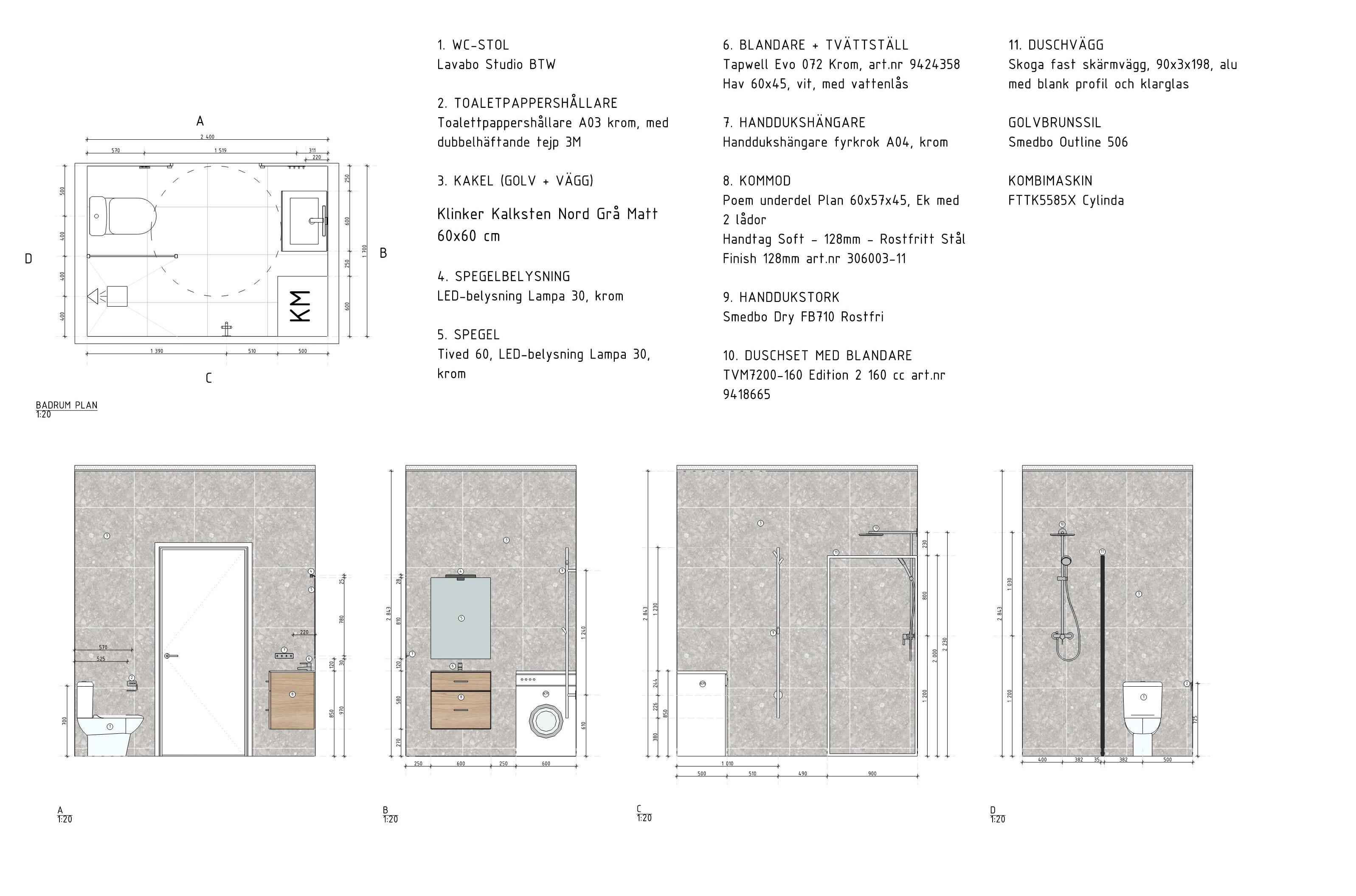 Tekniska sektionsritningar och vyer över badrummet i Klappträet 6, som illustrerar placering av VVS, ytskikt och inredning.