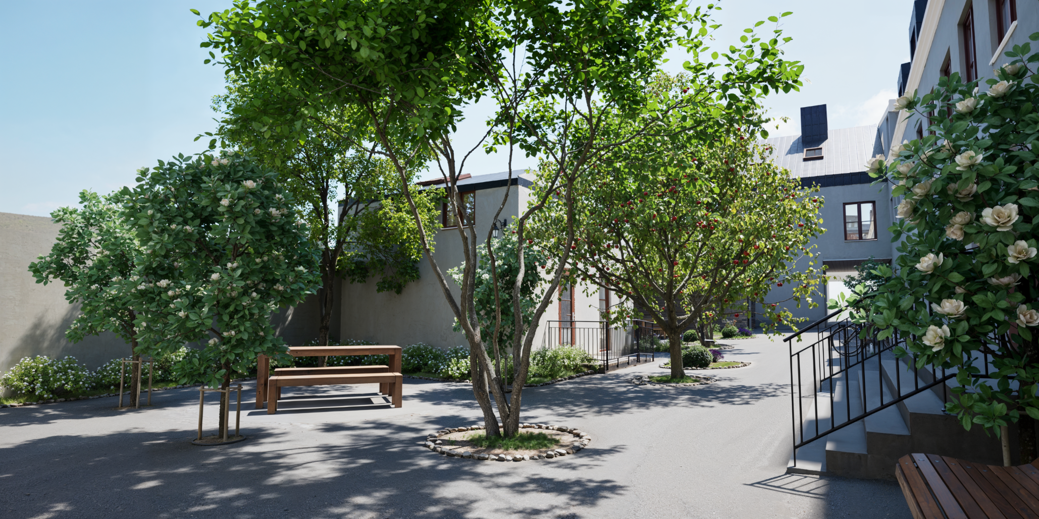 Innergård vid Kv. Leoparden i Stockholm med sittplatser, träd och renoverade fasader i kulturhistorisk miljö.