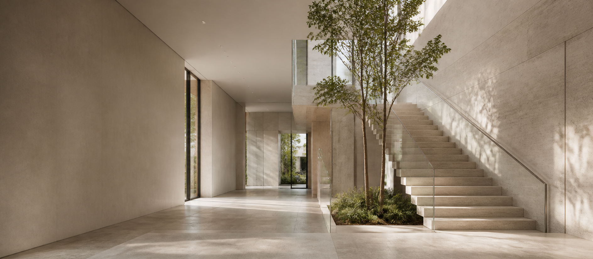 Ljust modernt atrium med sten och grönska