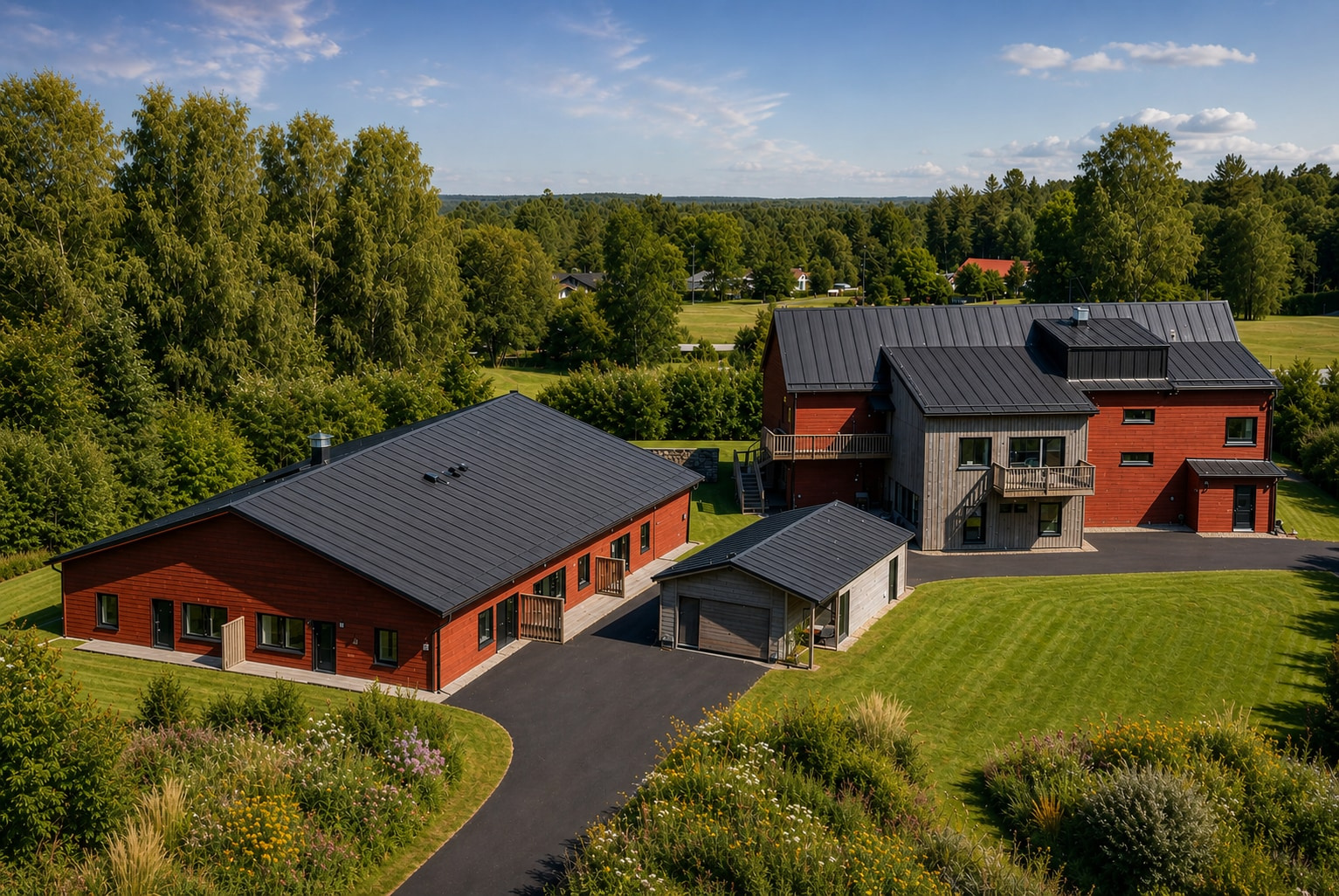 Exteriörvy över LSS Jälla med röda och mörka fasader omgivna av grönska