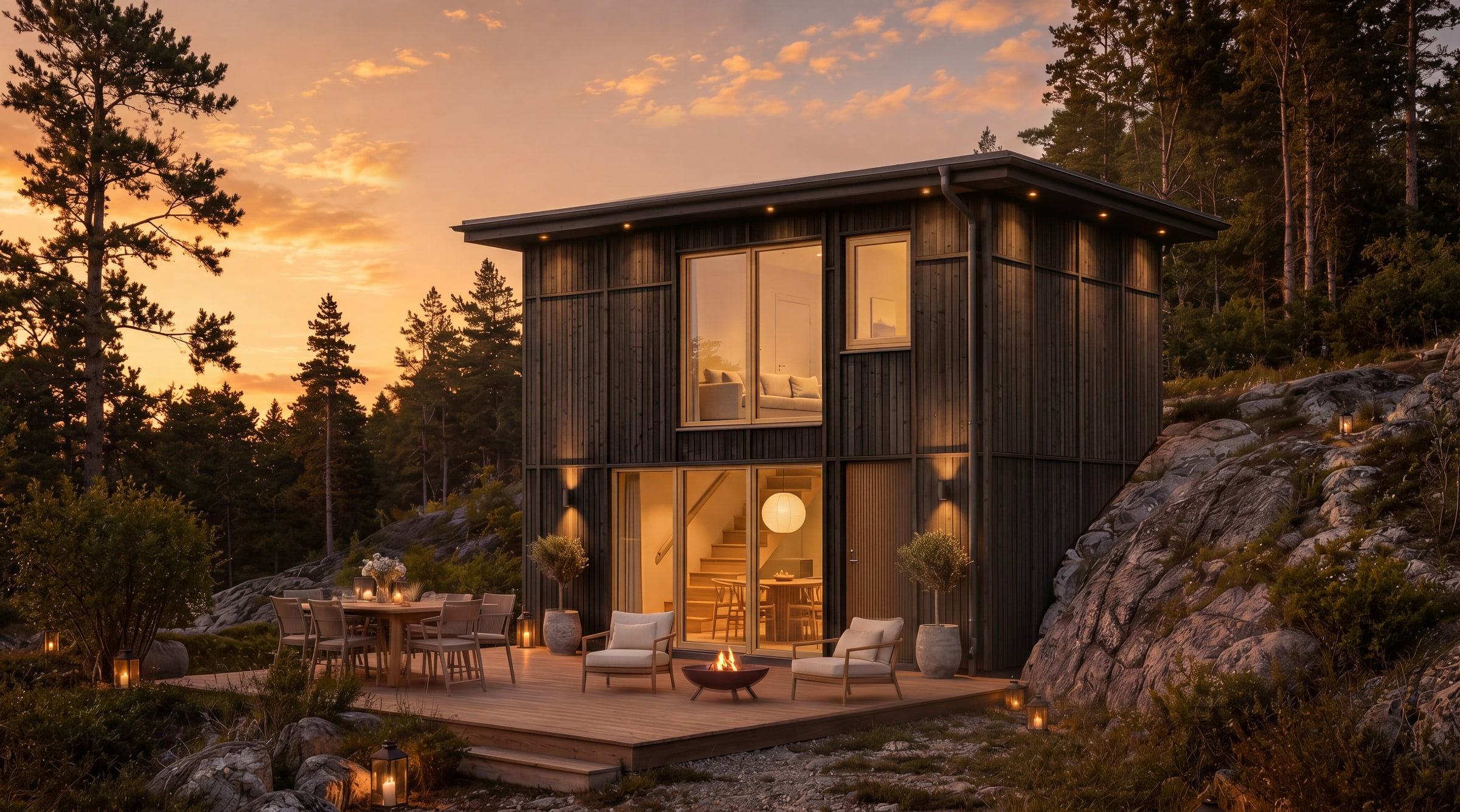 Minivilla i Brf. Marina Hills med mörk träfasad i kuperad naturmiljö