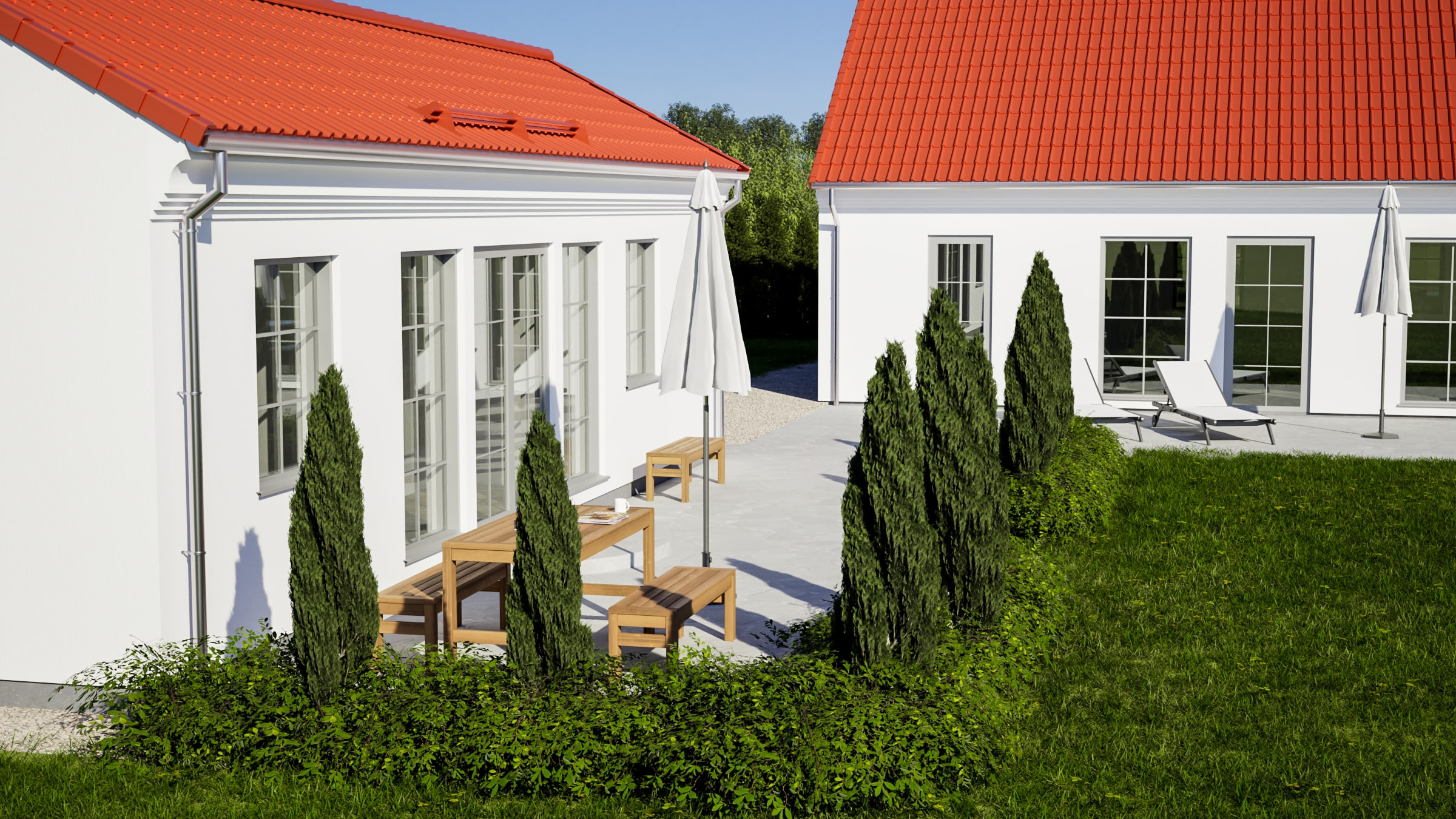 Trädgårdssida med uteplats och kontakt mellan inne och ute