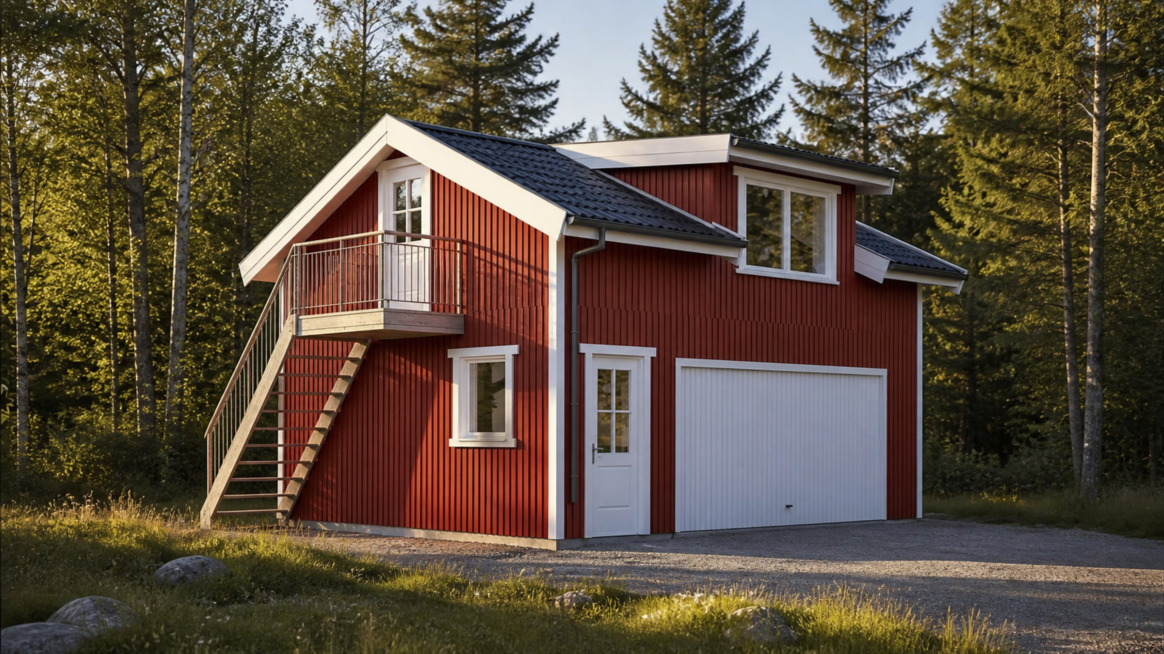 Granby garage med faluröd träfasad, sadeltak och övre rum