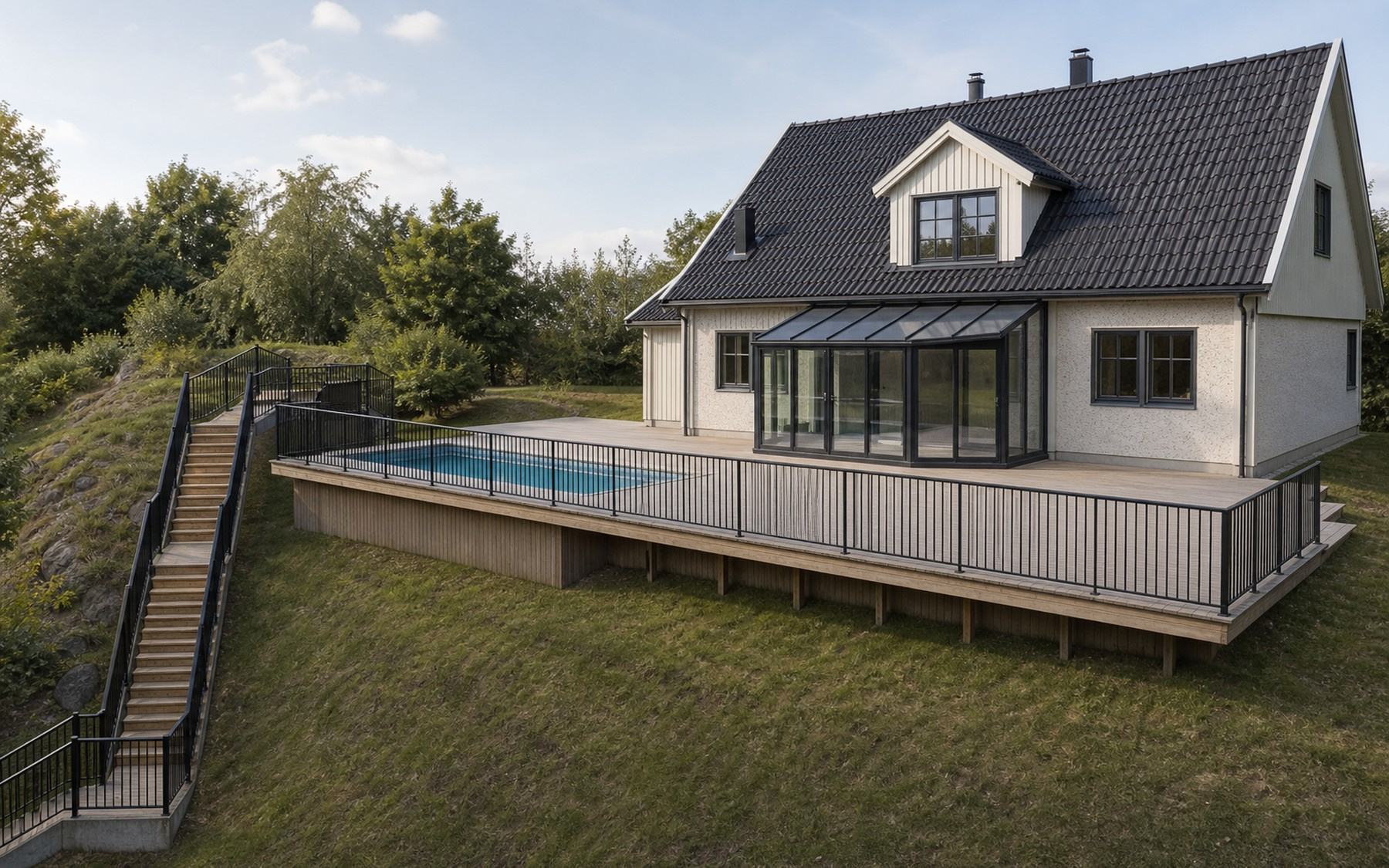 Villa i Kumla med ny takkupa, glasad tillbyggnad, poolterrass och lång trappa i sluttningen