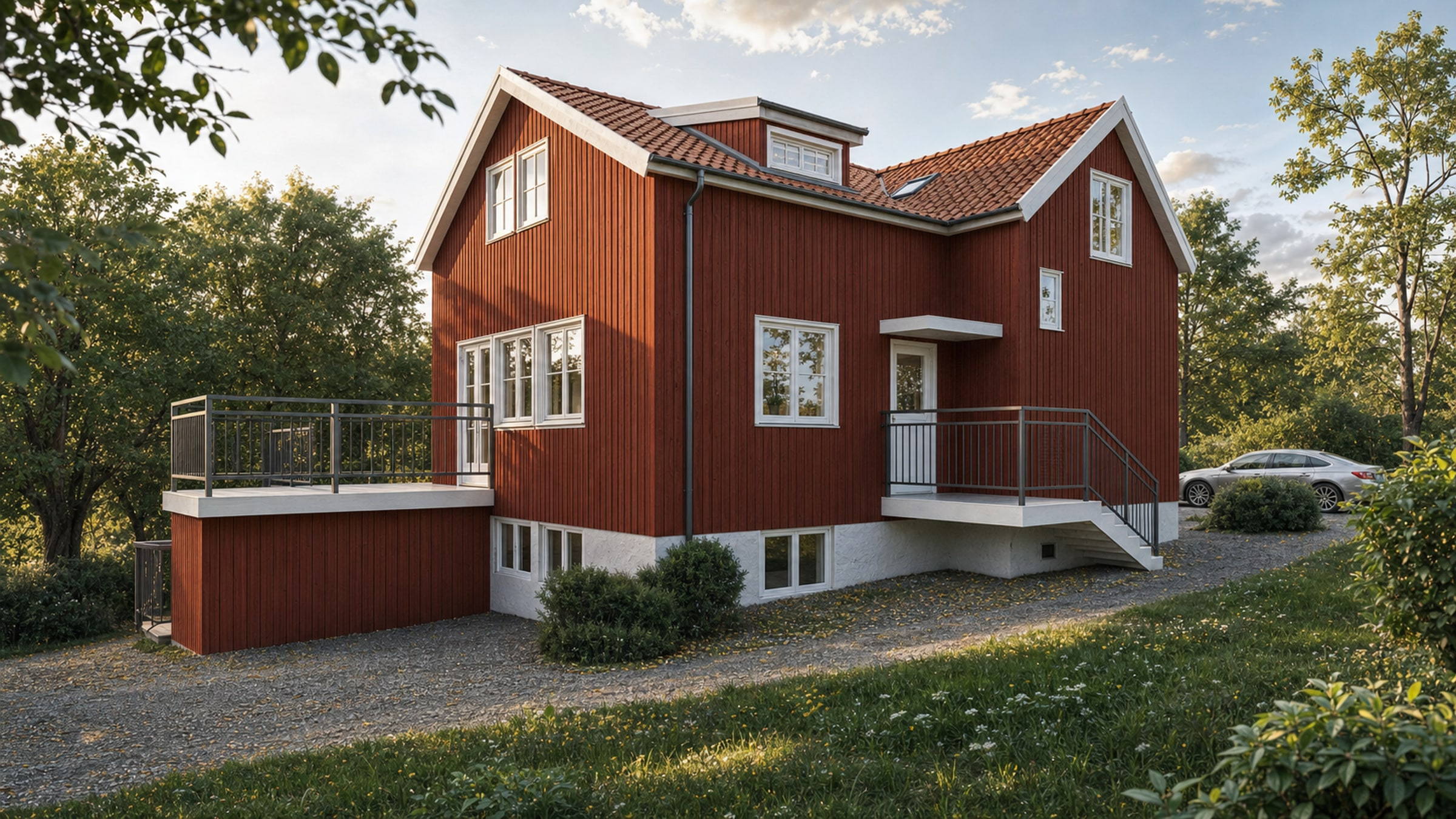 Trädgårdsvy av villans tillbyggnad och nya rumssamband