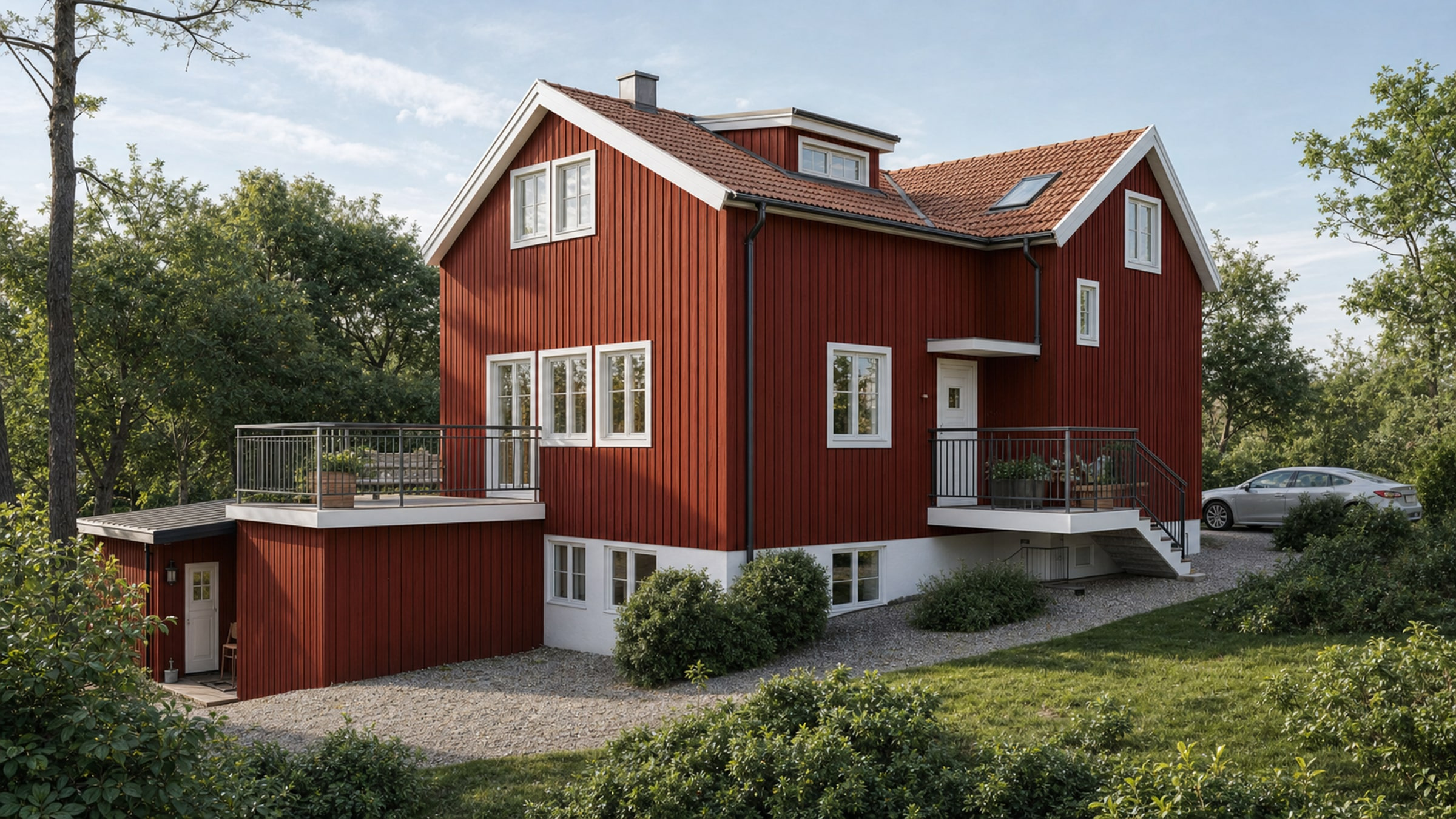 Ombyggd villa i Kv. Flintdolken med röd träfasad och ny tillbyggnad