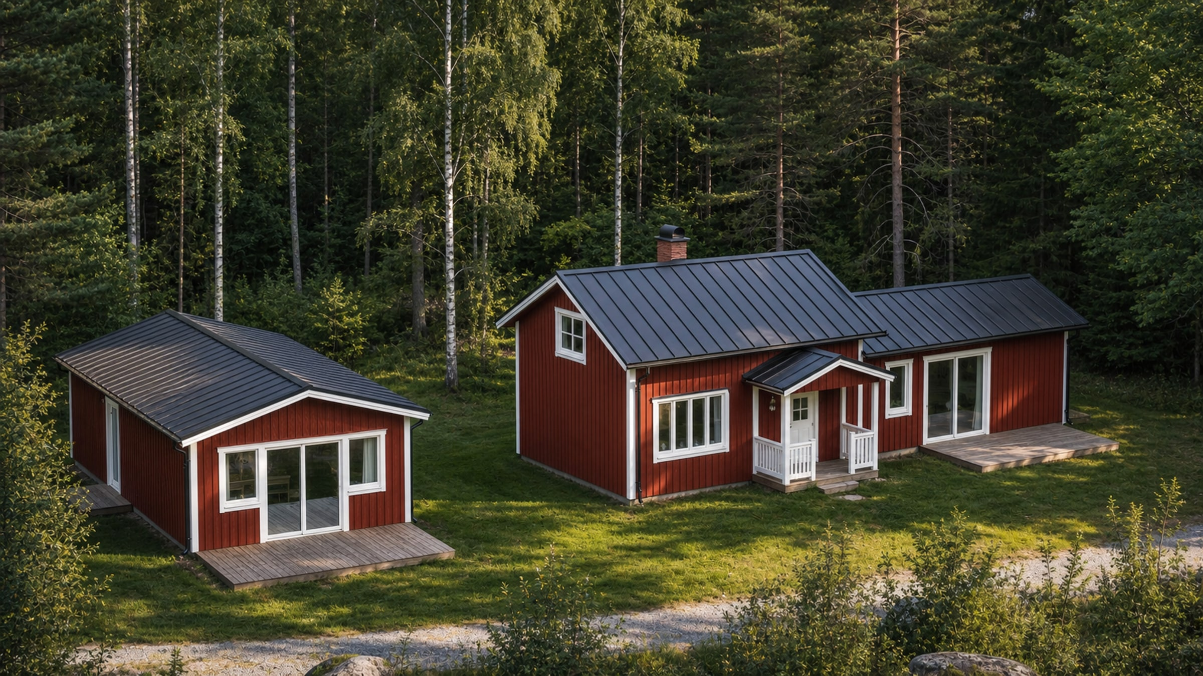 Bostadshus och attefallshus i Lingbo med faluröda träfasader