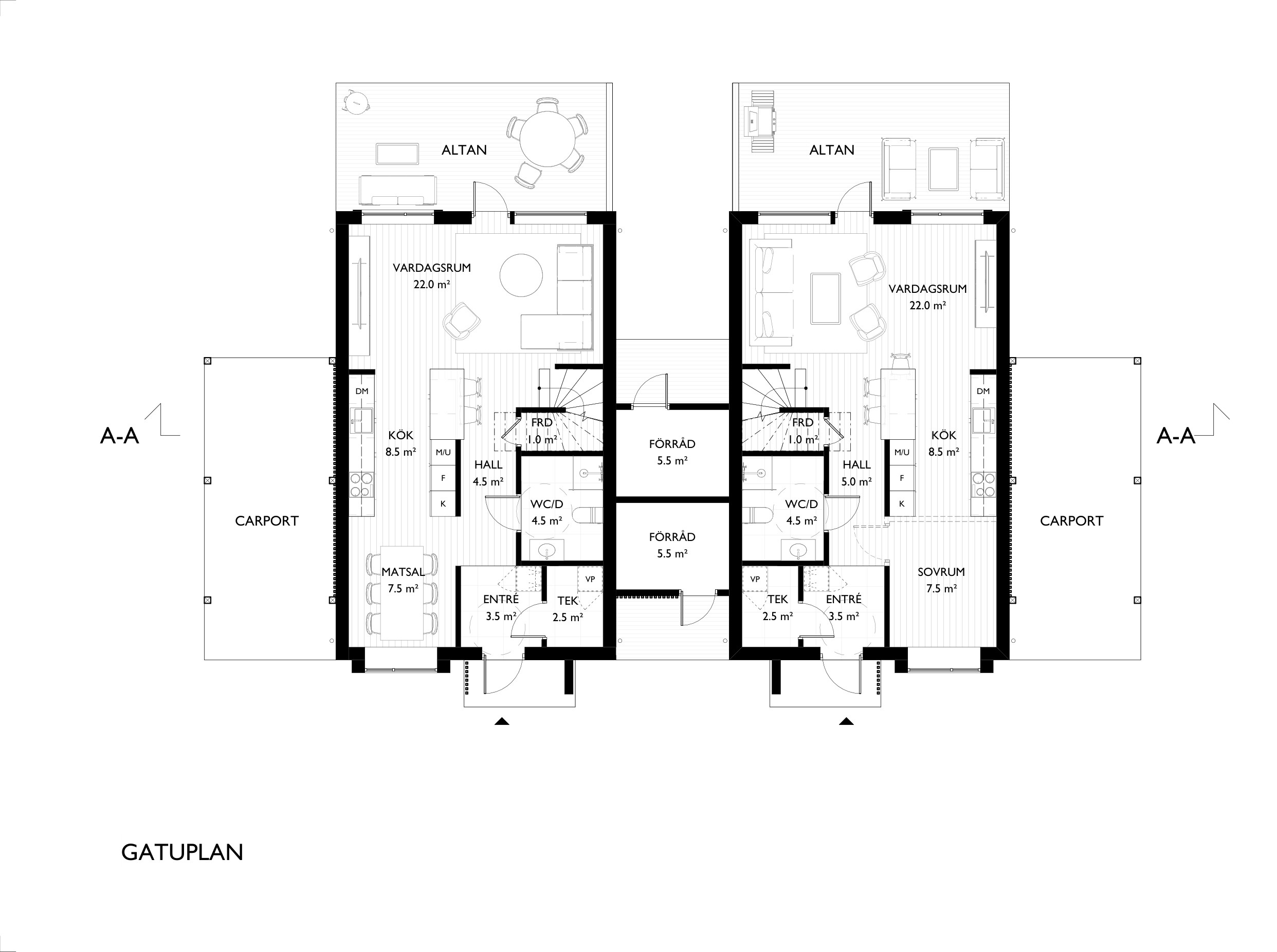 Gatuplan för två spegelvända bostäder med carportar, förråd, entréer och uteplatser