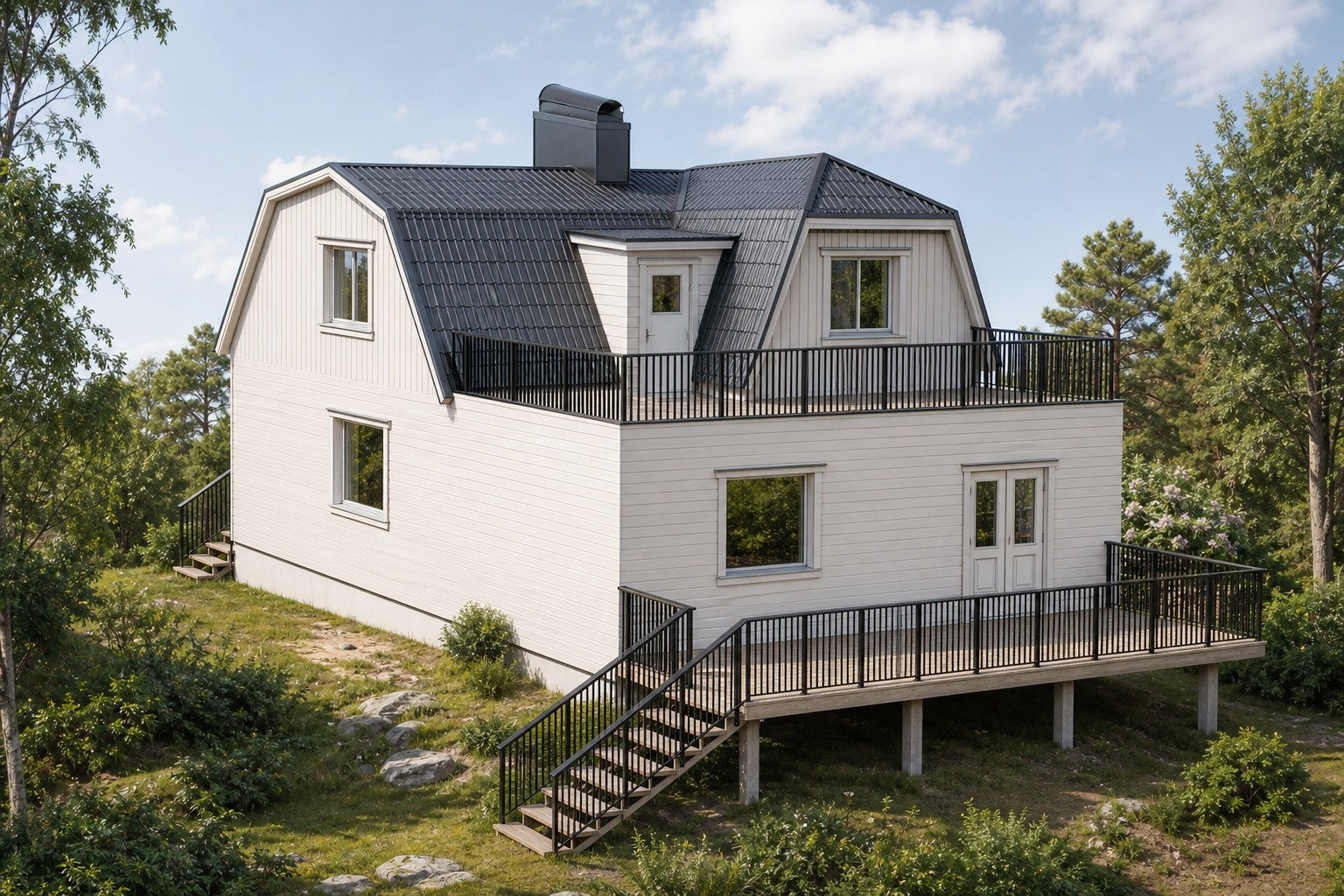 Visualisering av det nya förslaget för Nötskrikan 2 med tillbyggnad, veranda och takterrass
