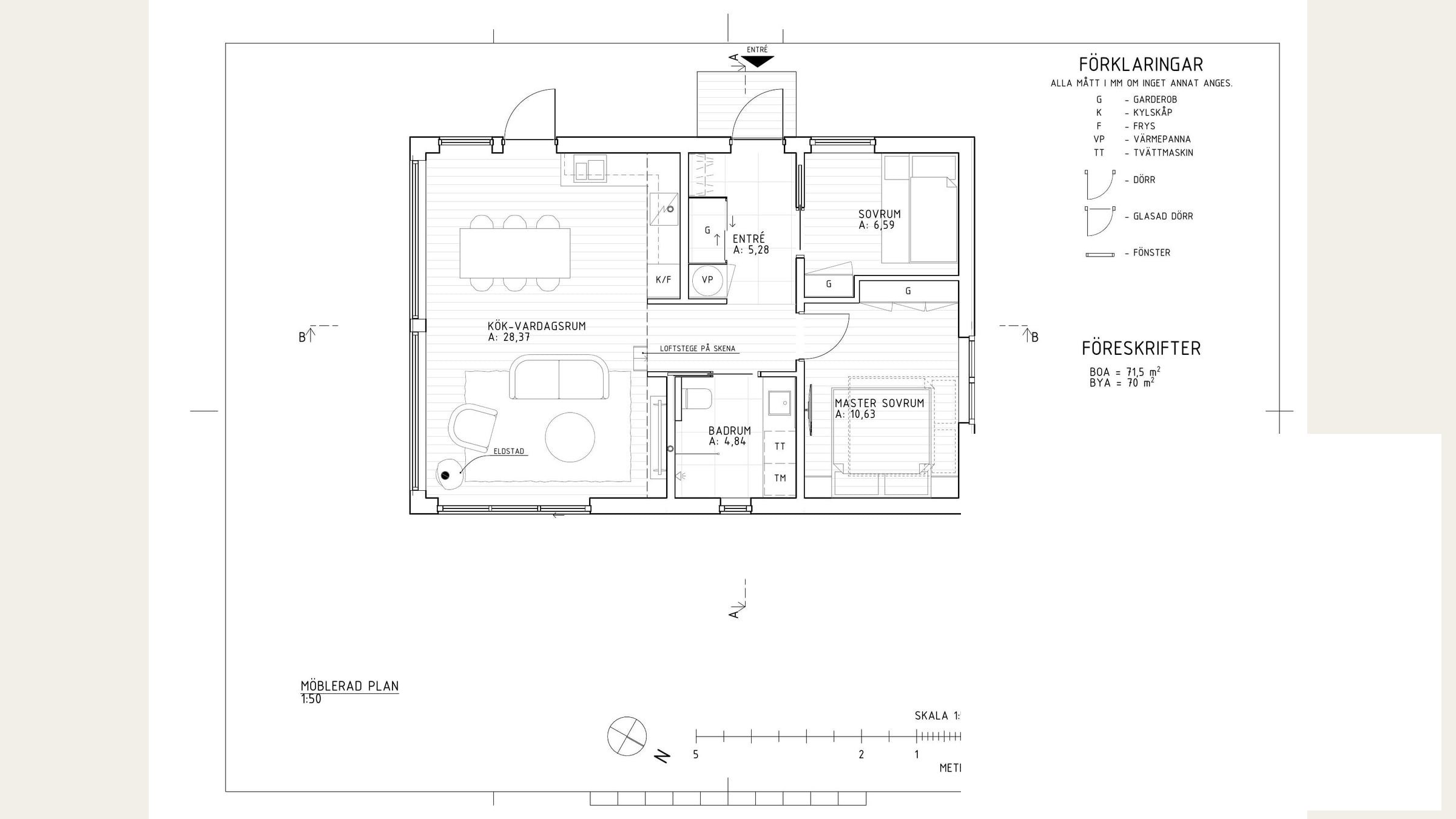 Möblerad plan för bostadskonceptet om 70 kvadratmeter