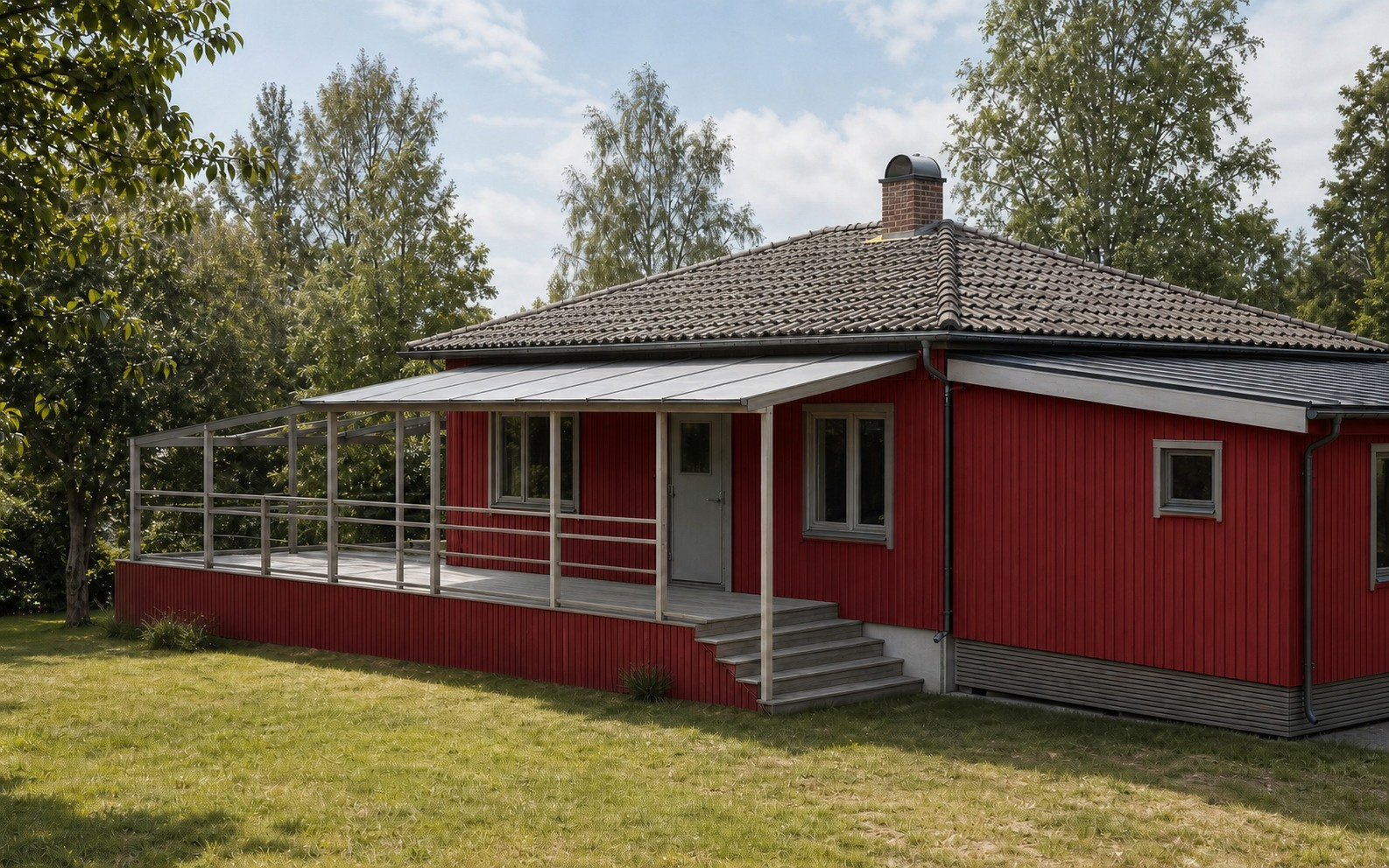 Tillbyggd villa i Överfors med sammanhängande veranda och röd träfasad
