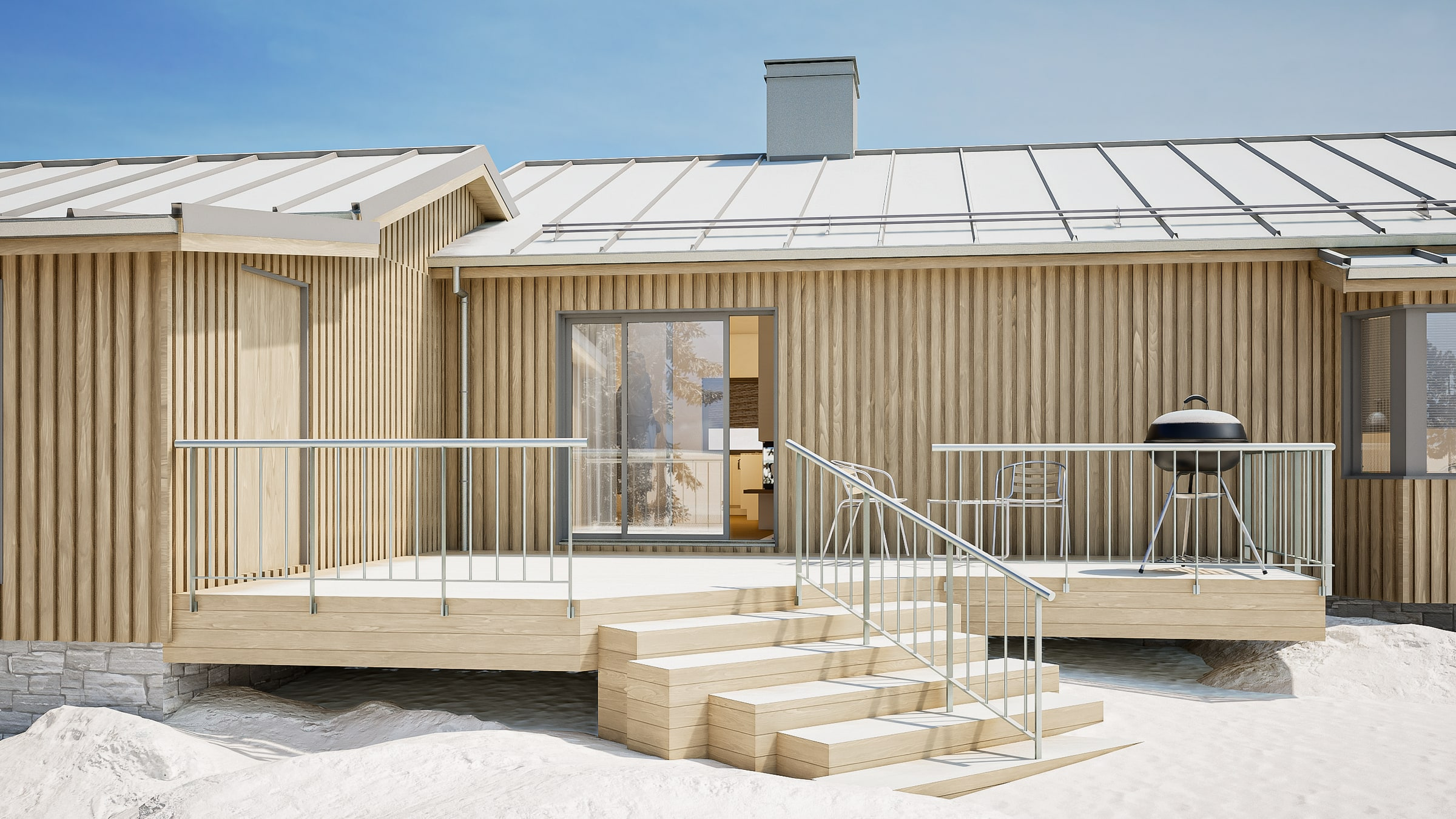 Trädgårdsvy som visar husets nya uteplats och material