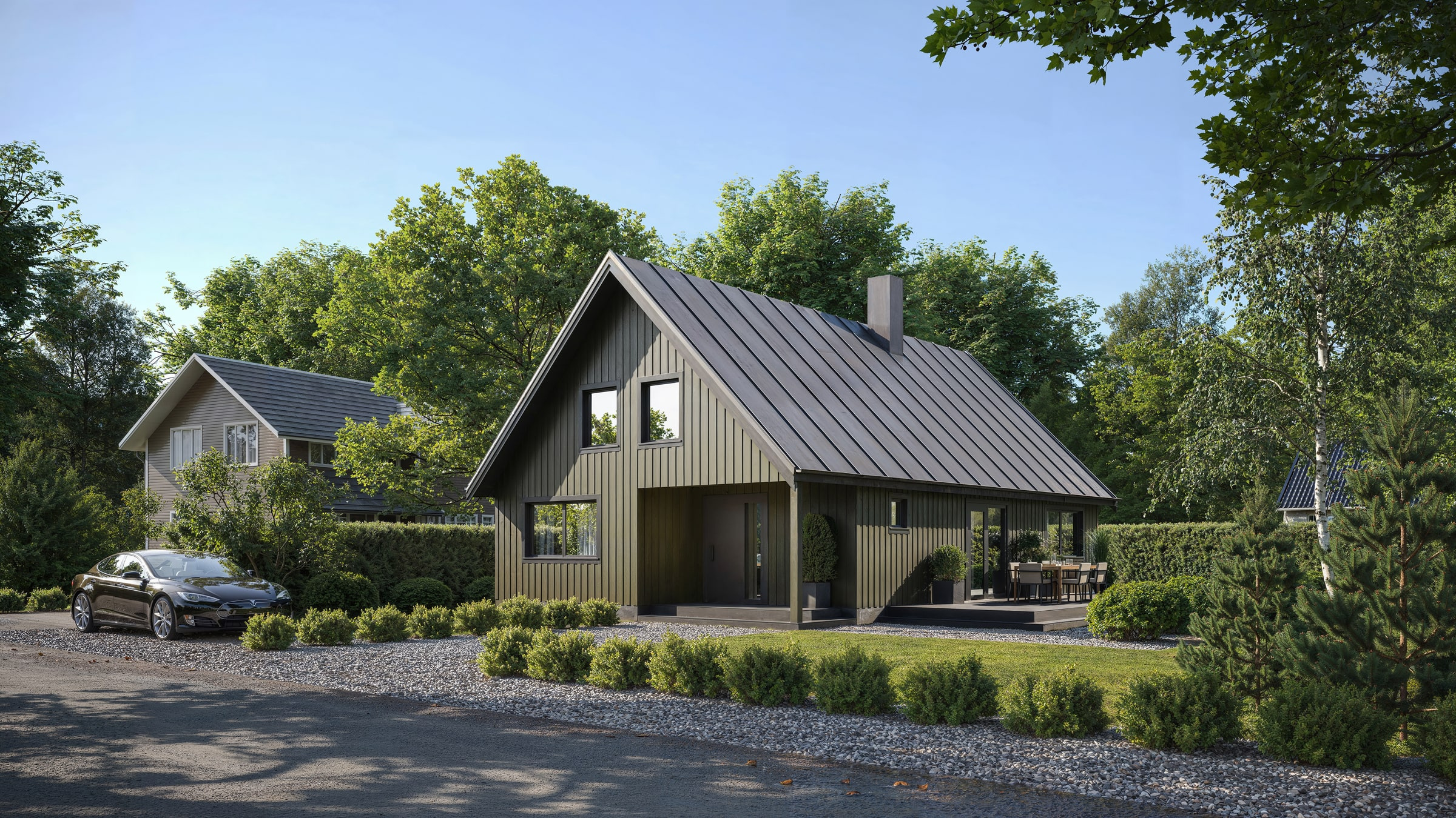 Visualisering av villa i Söderhagen med mörkt sadeltak och anpassad trädgård