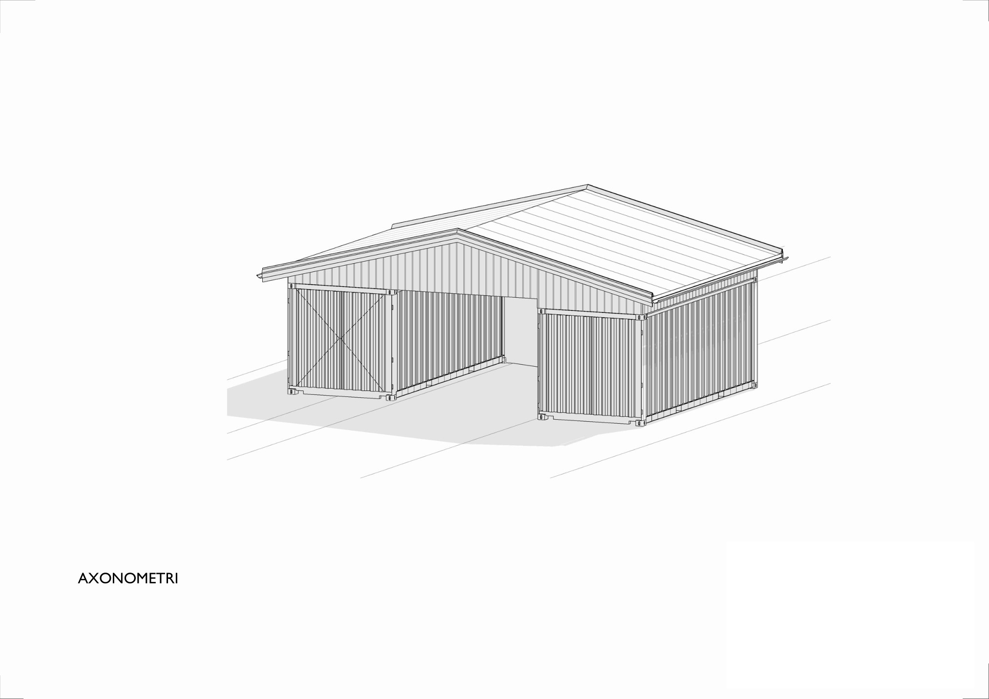 Axonometri över de två förråden och det sammanbindande carporttaket