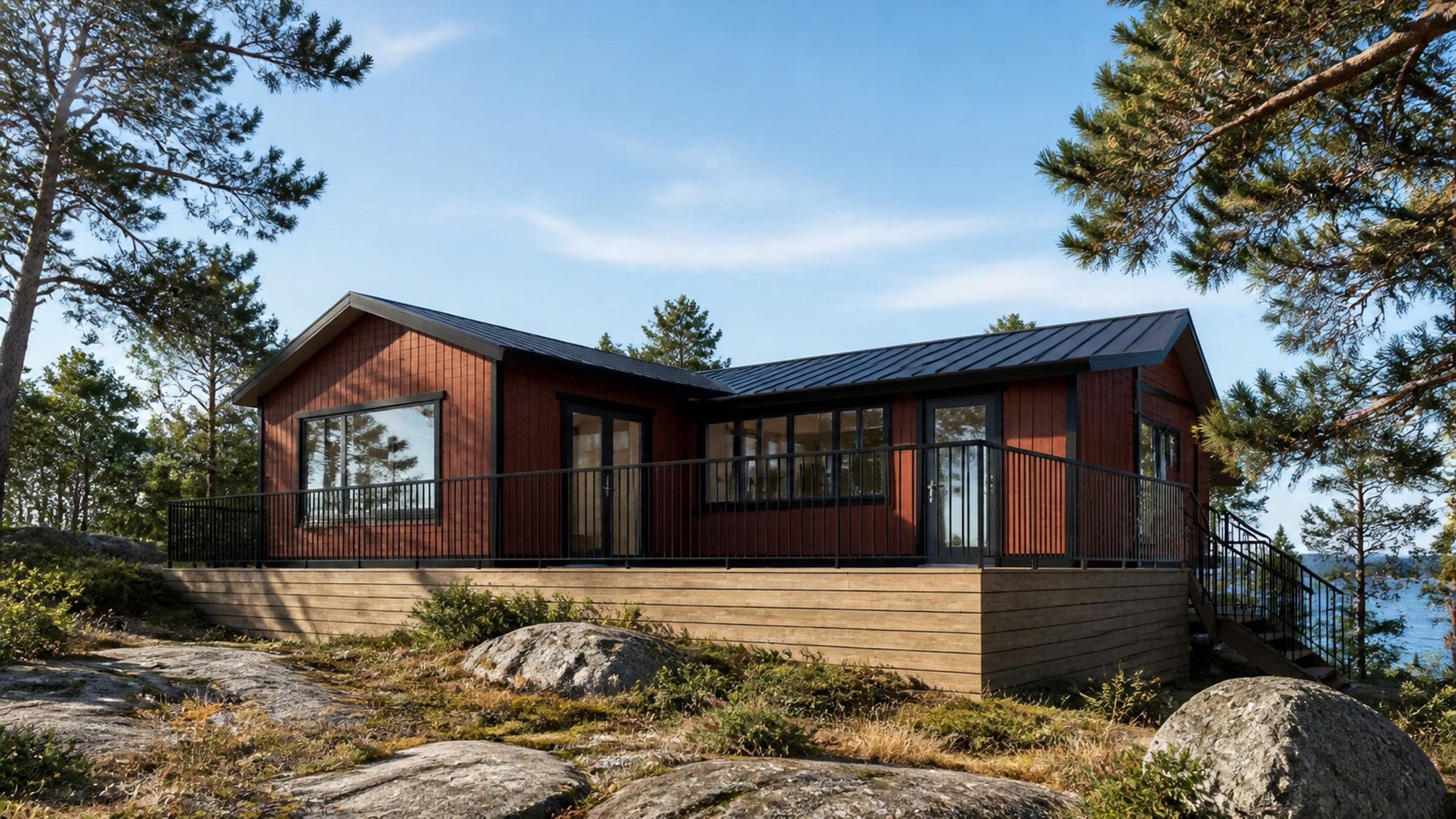 Tillbyggt kusthus på Svärdsö med röd träfasad och terrass