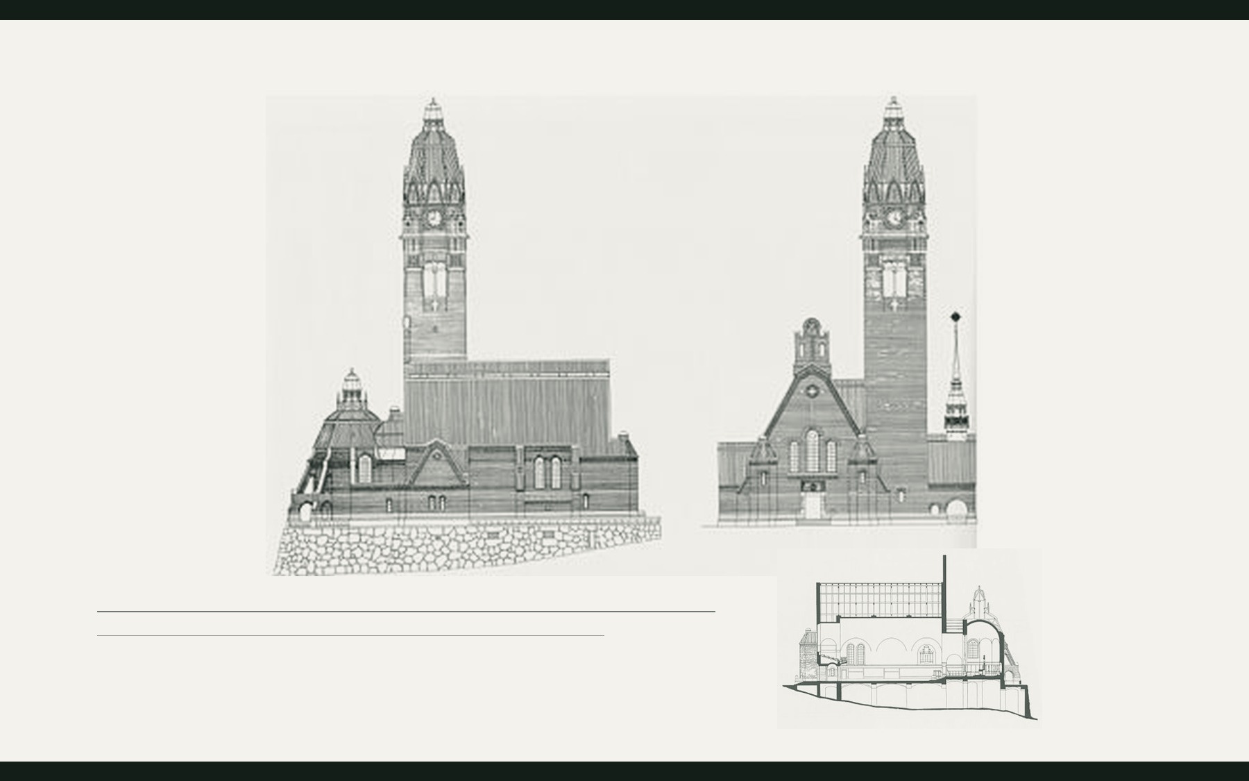 Historiska fasad- och sektionsritningar av Uppenbarelsekyrkan i Saltsjöbaden