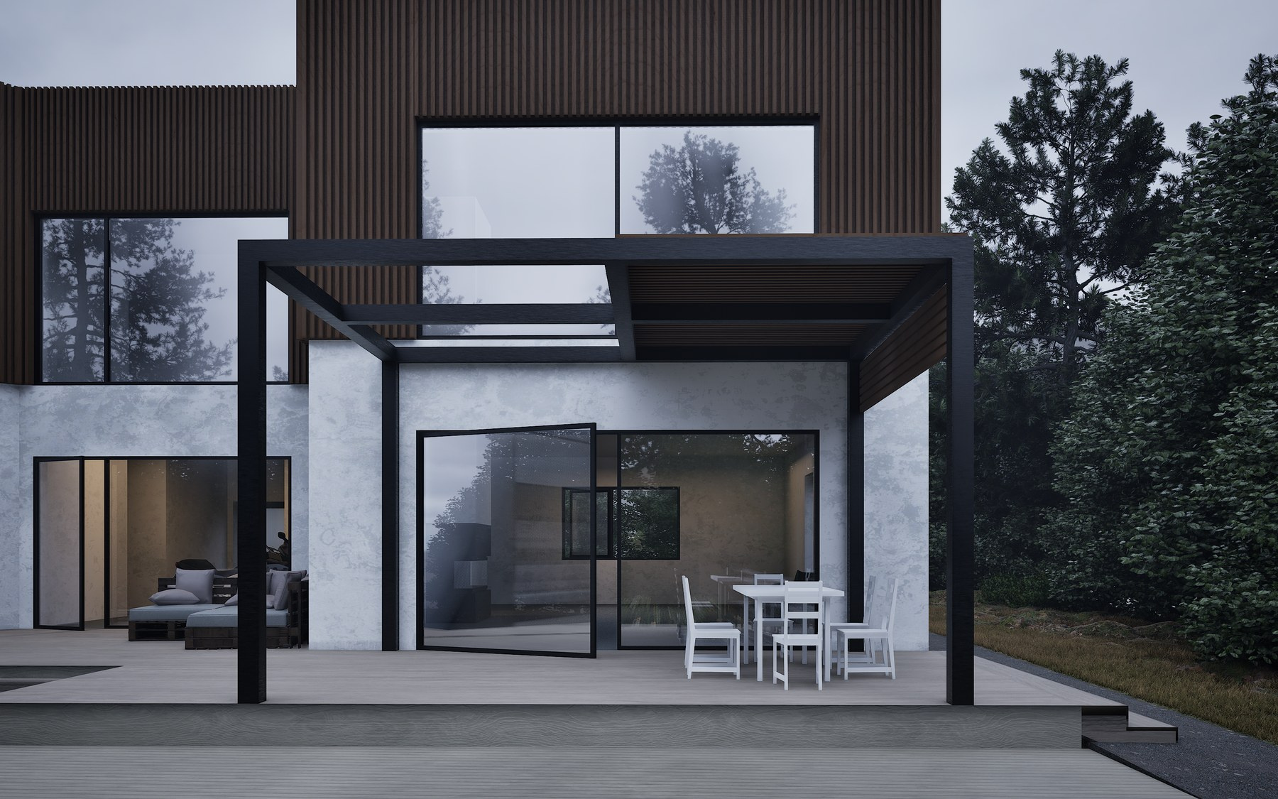 Gestaltningsvisualisering av Villa Askvägen med träfasad, stora glaspartier och pergola