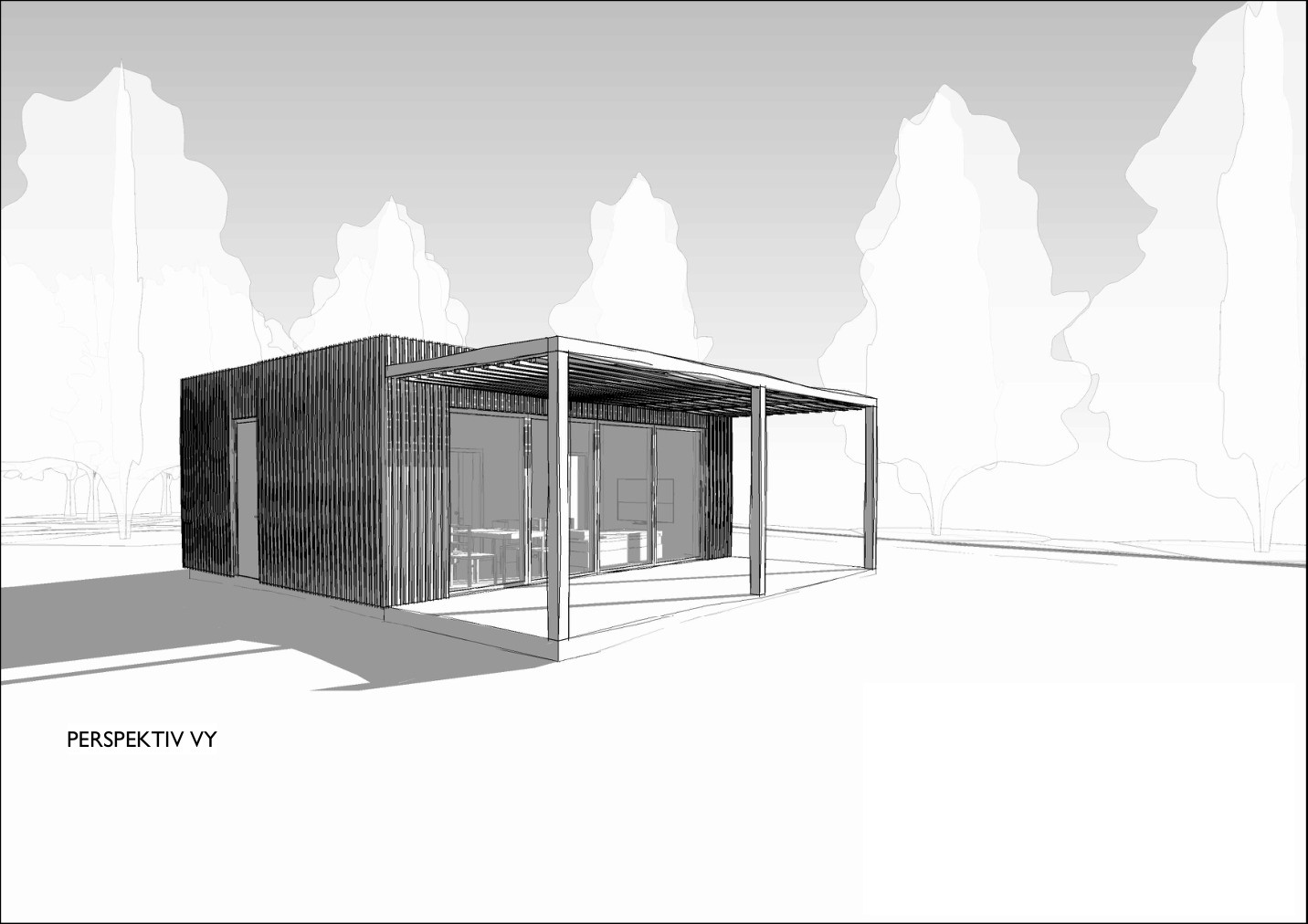 Arkitektperspektiv av attefallshuset och den skyddade uteplatsen