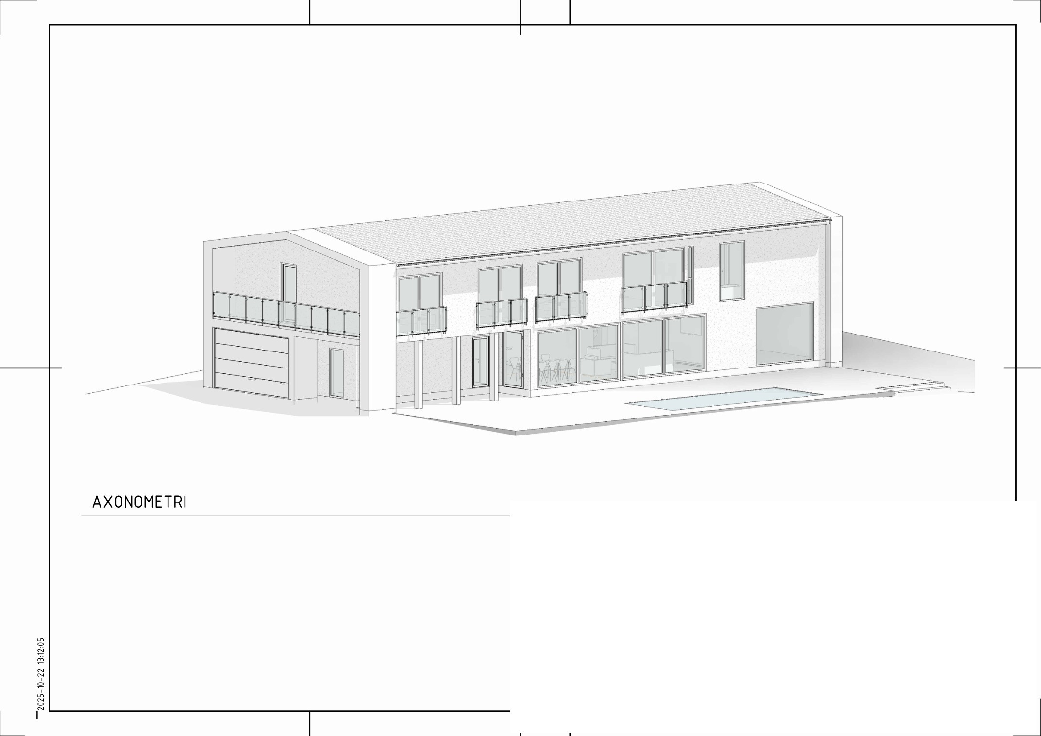 Axonometri över villans nya volym, balkonger, garage och pool