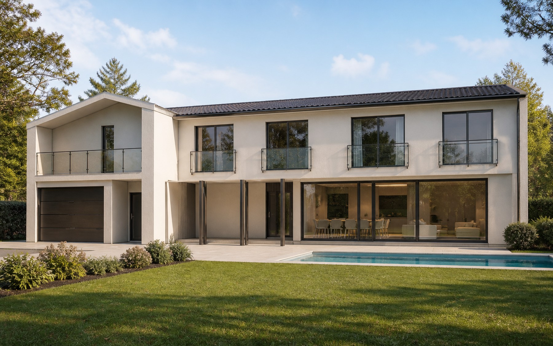 Ombyggda Villa Semi med ljus fasad, sammanhållen fönstersättning och pool mot trädgården