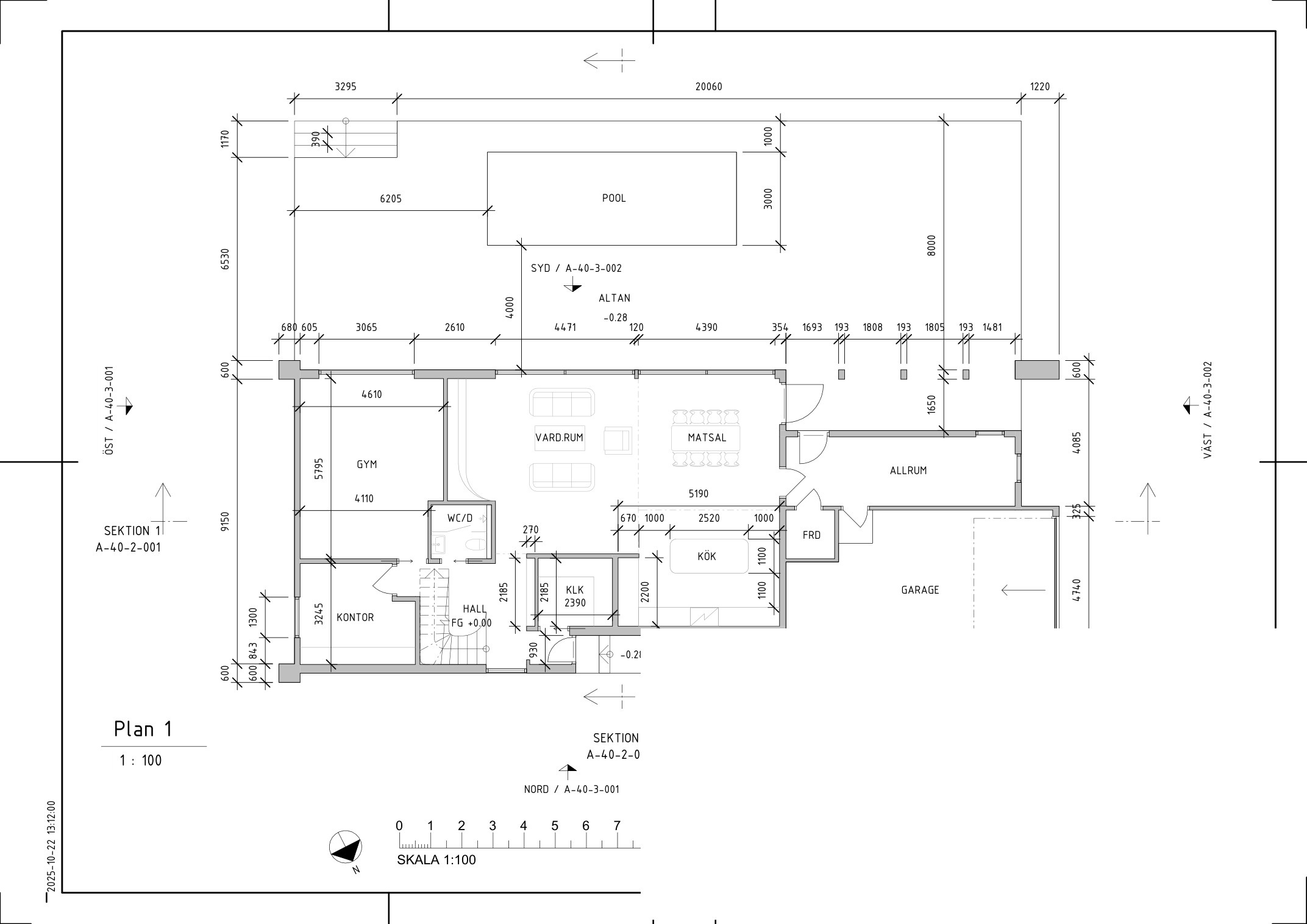 Planritning med kök, matsal, vardagsrum, gym, kontor och garage