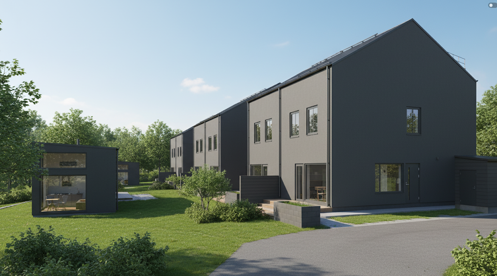 Visualisering av Brf. Molnstigen med moderna parhus i trä och grönskande omgivning
