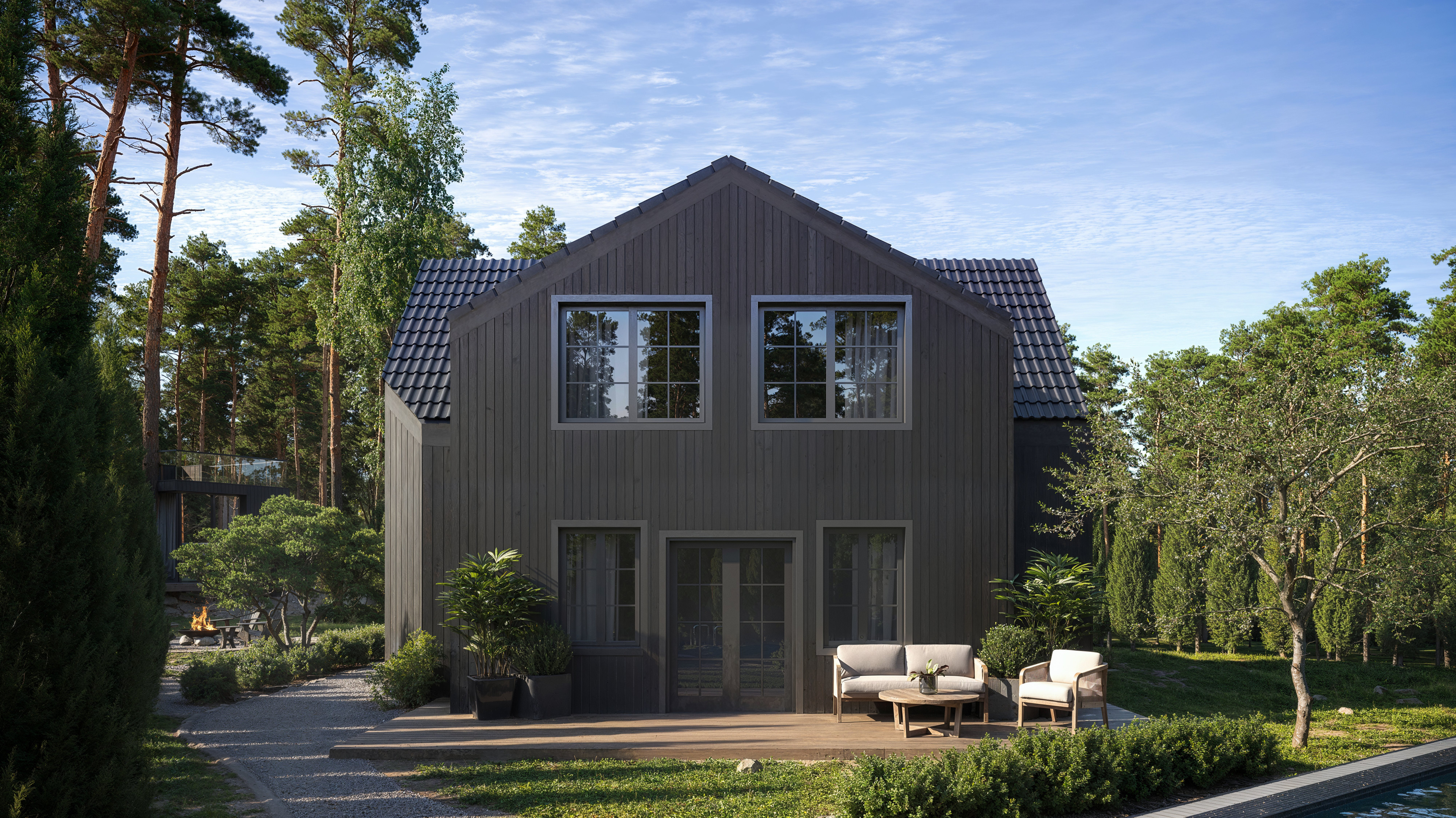 Fotorealistisk rendering av Villa Cosmos med träfasad och stora glaspartier