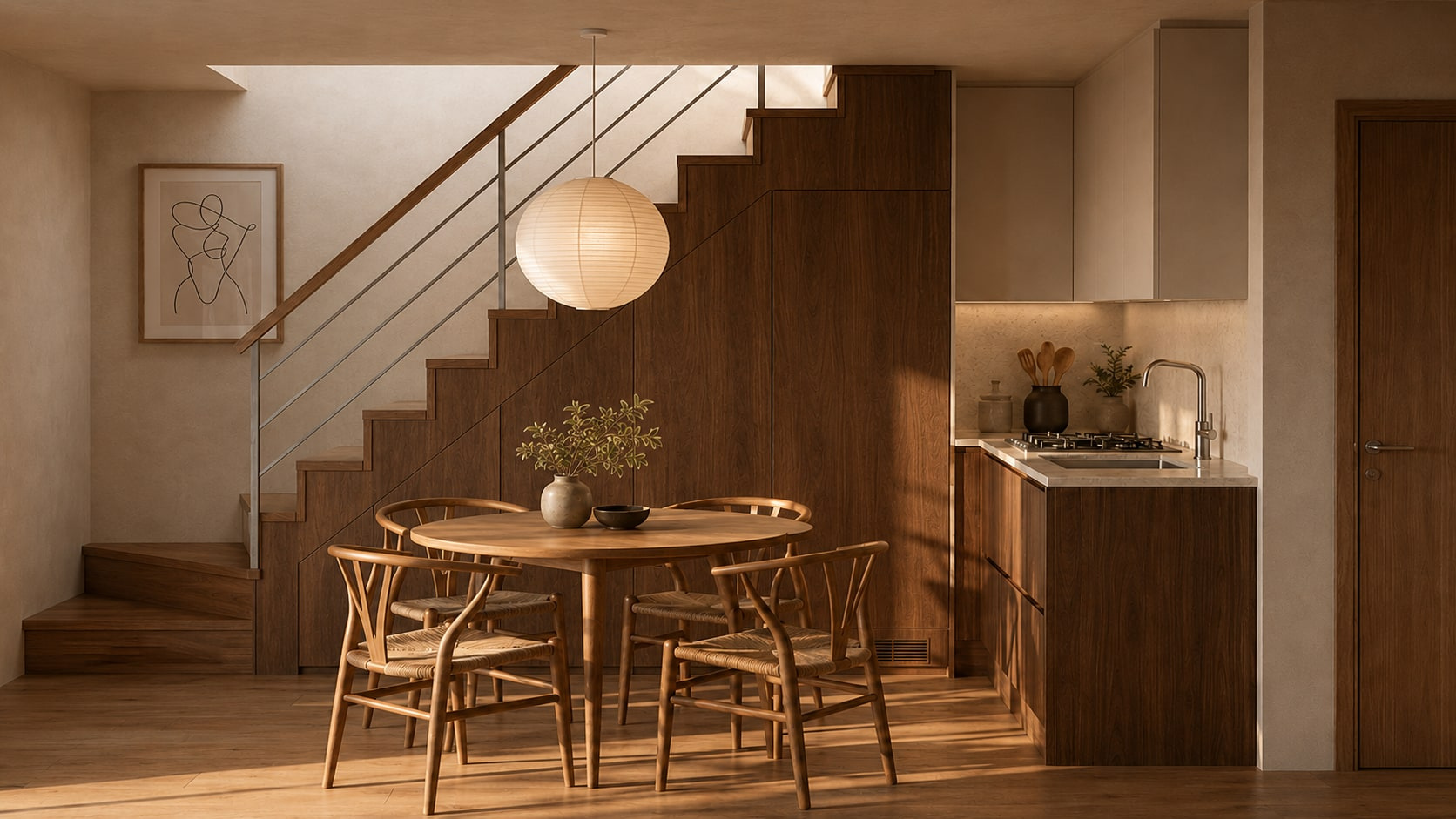 Kök och matplats i minivillan med varm, naturlig materialpalett