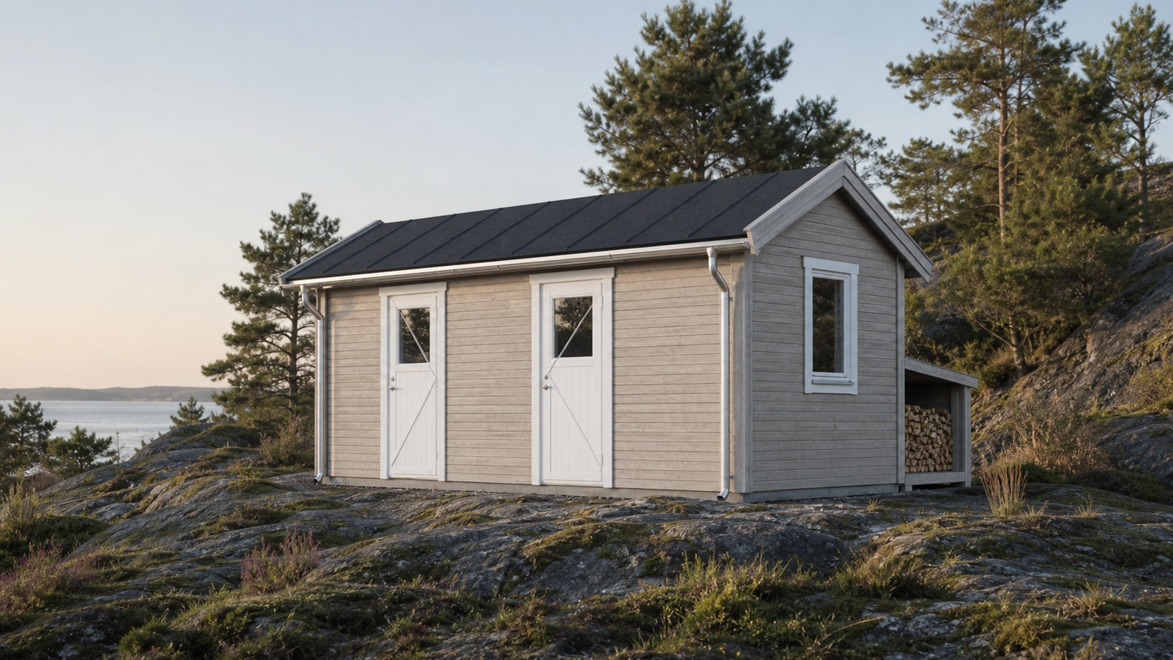 Liten träbod på Bedarön placerad i skärgårdsterräng
