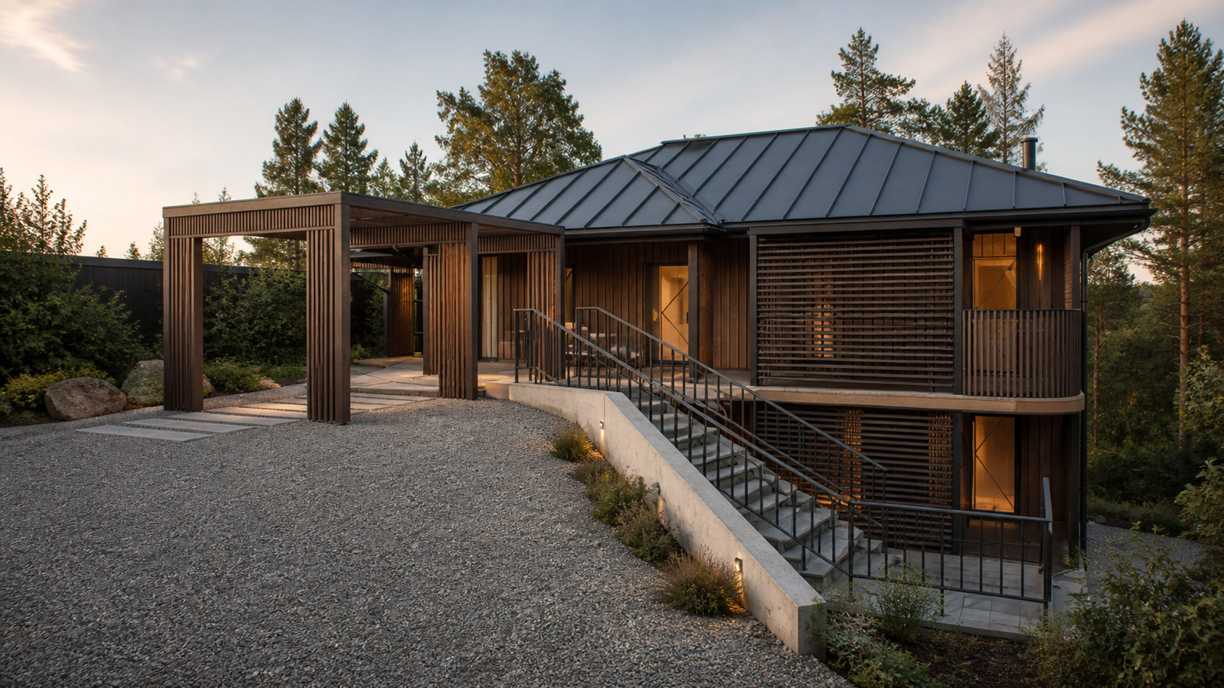 Konceptvisualisering av den ombyggda villan Kumla 45:1 med träfasad, entrépergola och terränganpassad trappa