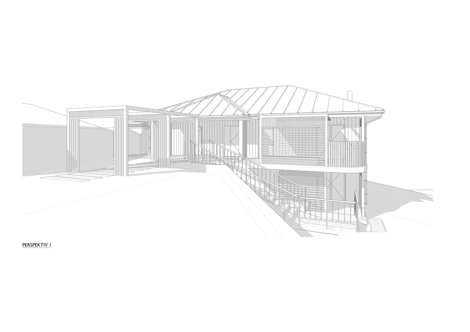 Arkitektperspektiv som visar villans ombyggda volym, entré och nivåskillnader