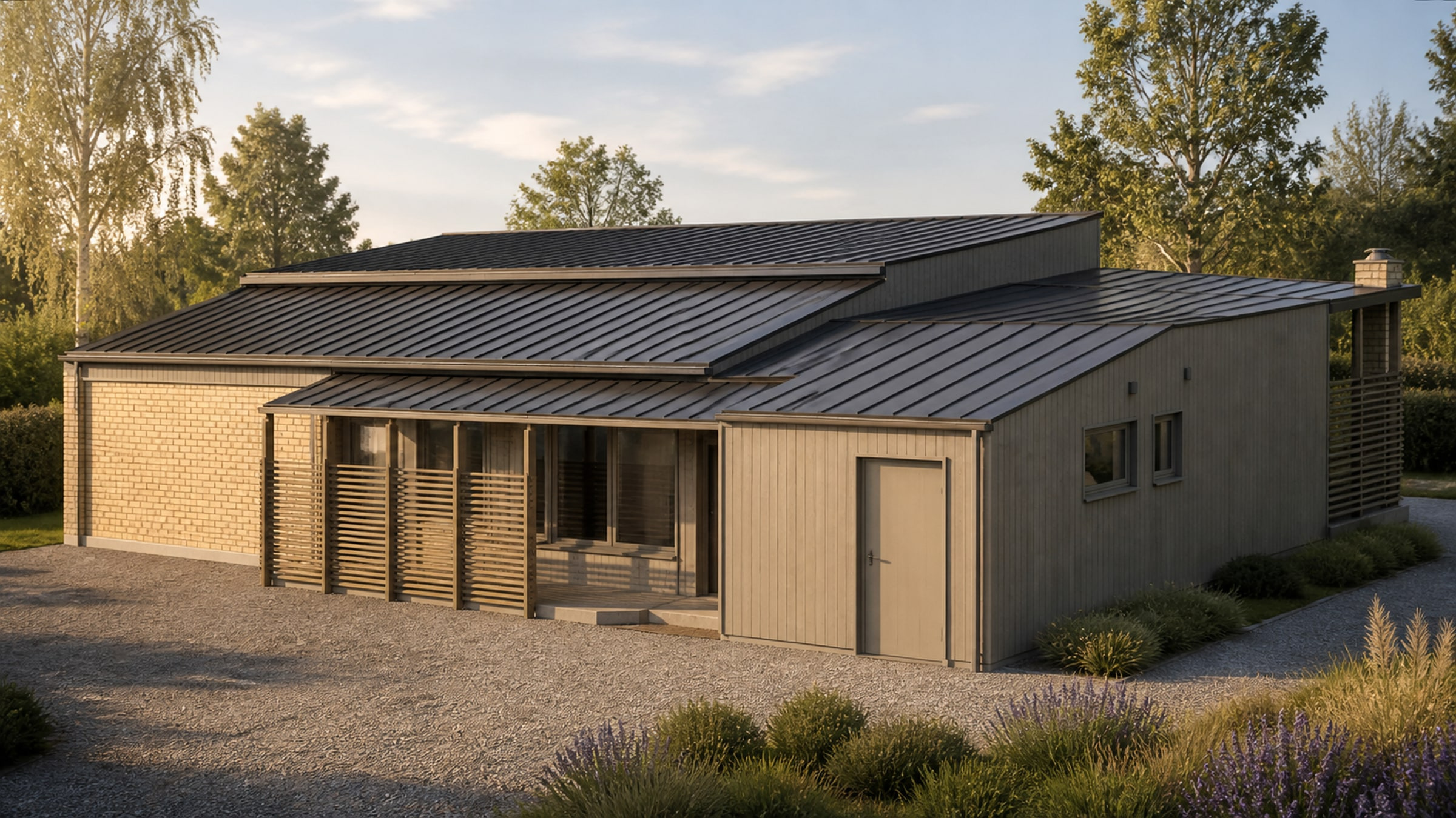 Ombyggt garage i Kv. Ribby med låg takprofil och skyddad entré