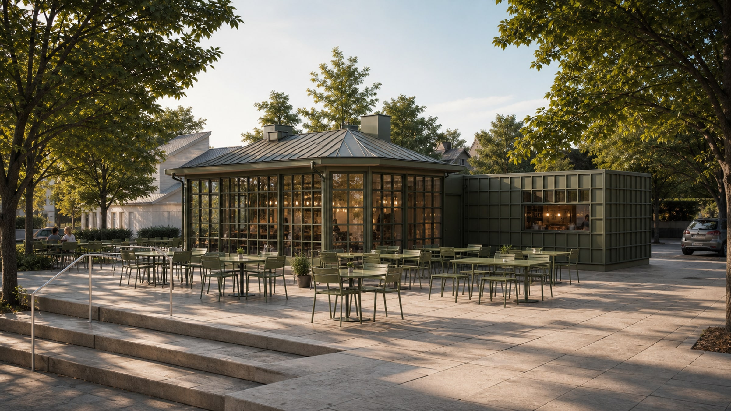 Sigtuna paviljong med glasade serveringsytor och uteservering