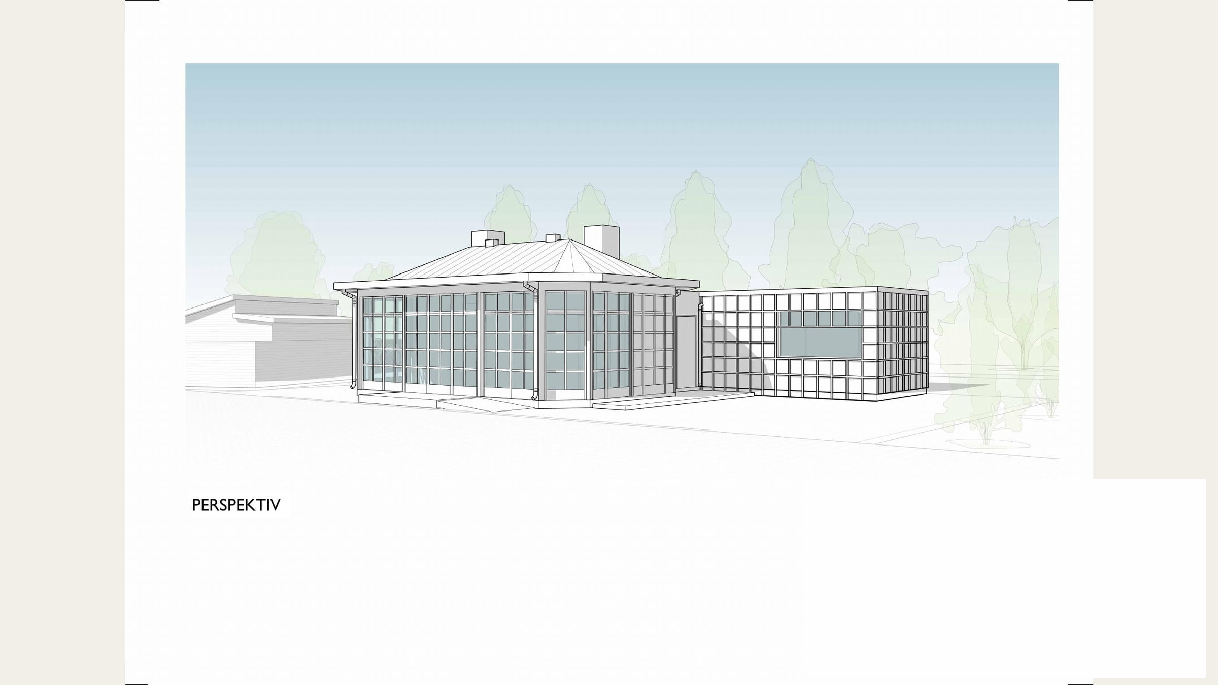 Arkitektperspektiv av paviljongens kompakta volym och publika fasad