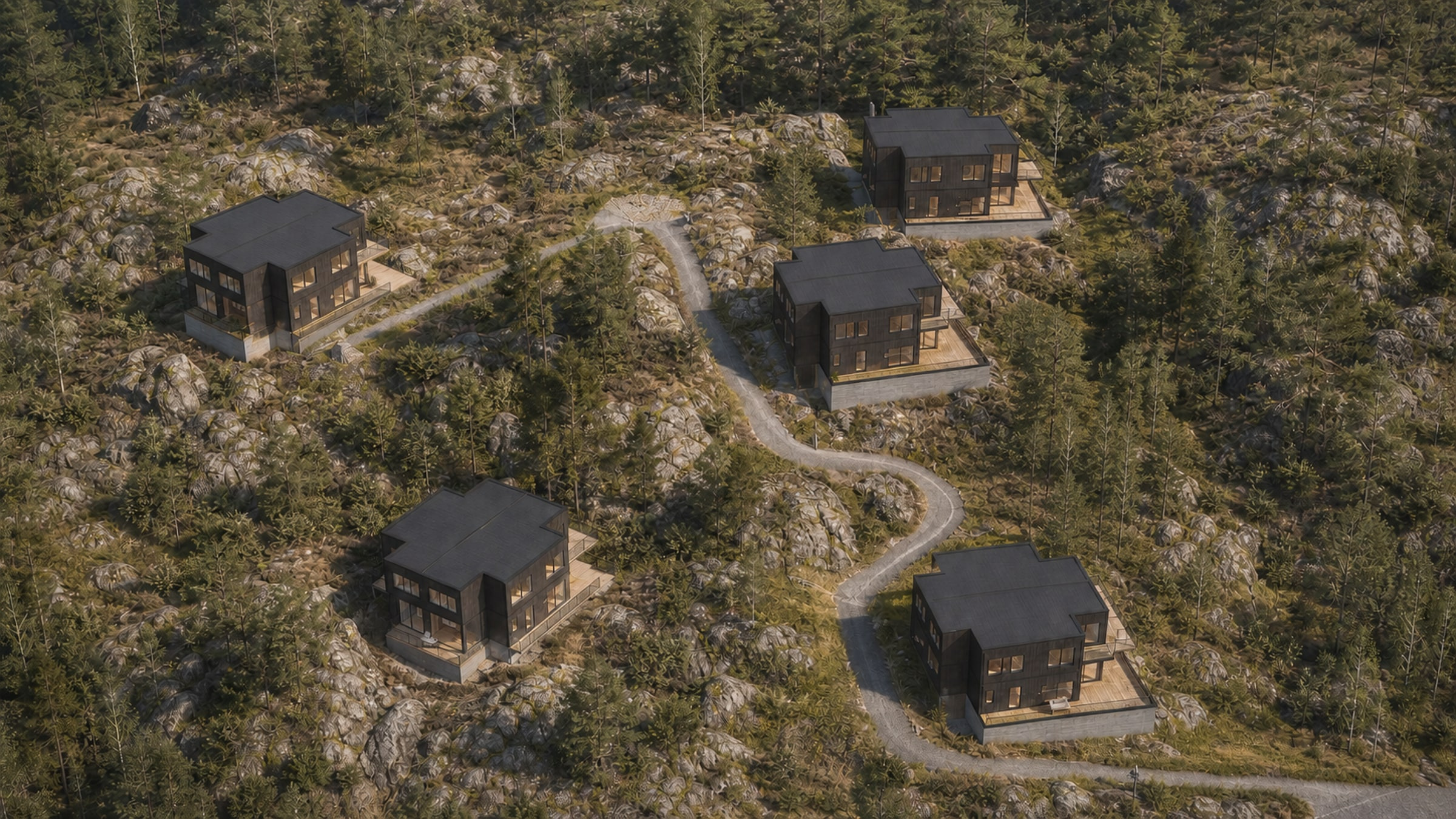 Konceptvisualisering av fem småhus i den kuperade skogsterrängen vid Täby Skogsljus