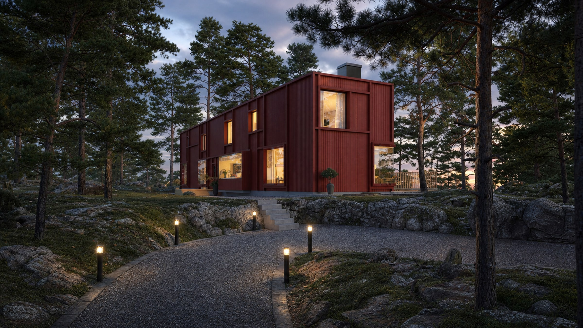 Entrésidan på Villa Kai med tydliga volymer och skyddad angöring