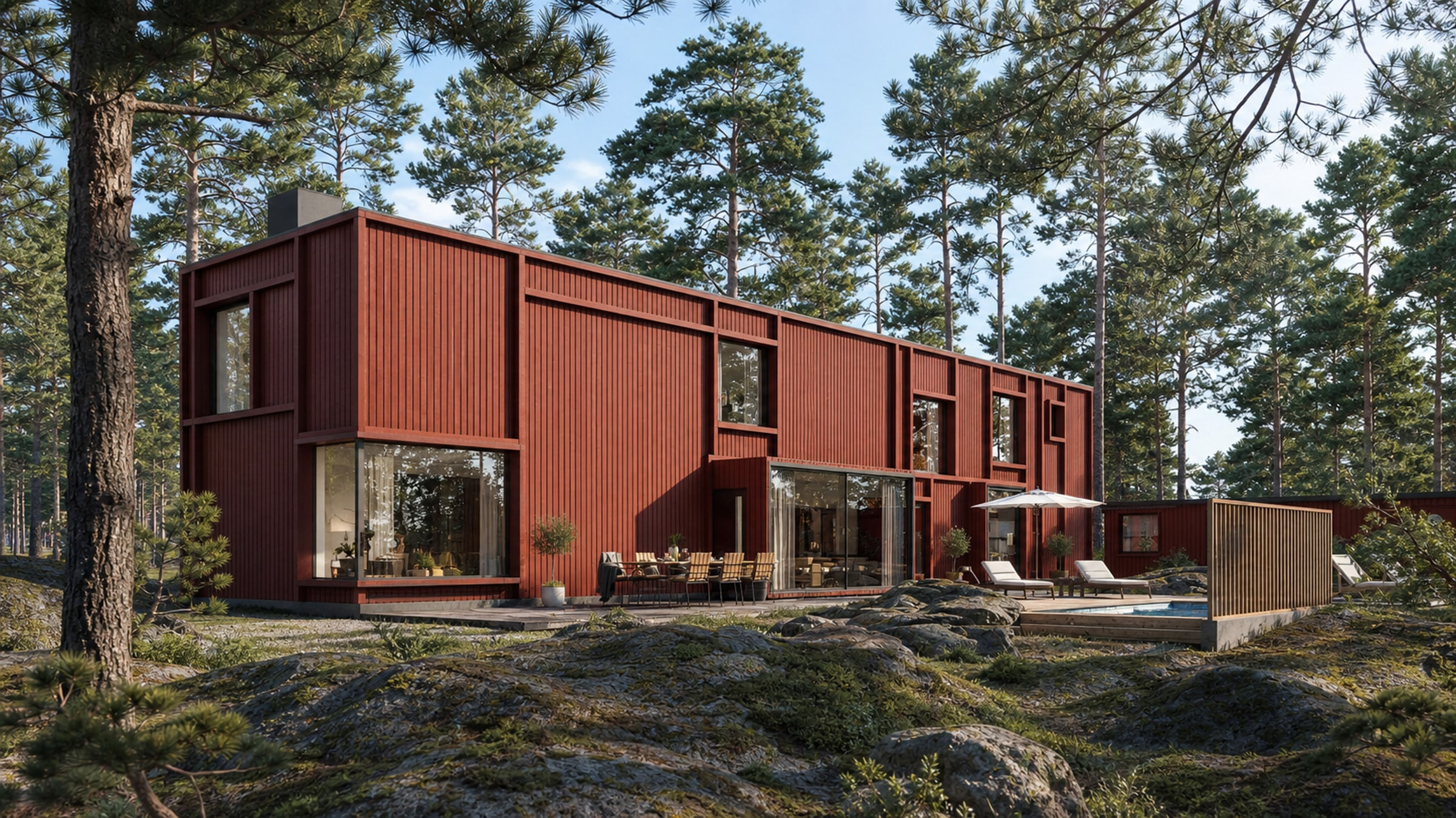 Villa Kai med röd träfasad placerad i kuperad skogsterräng