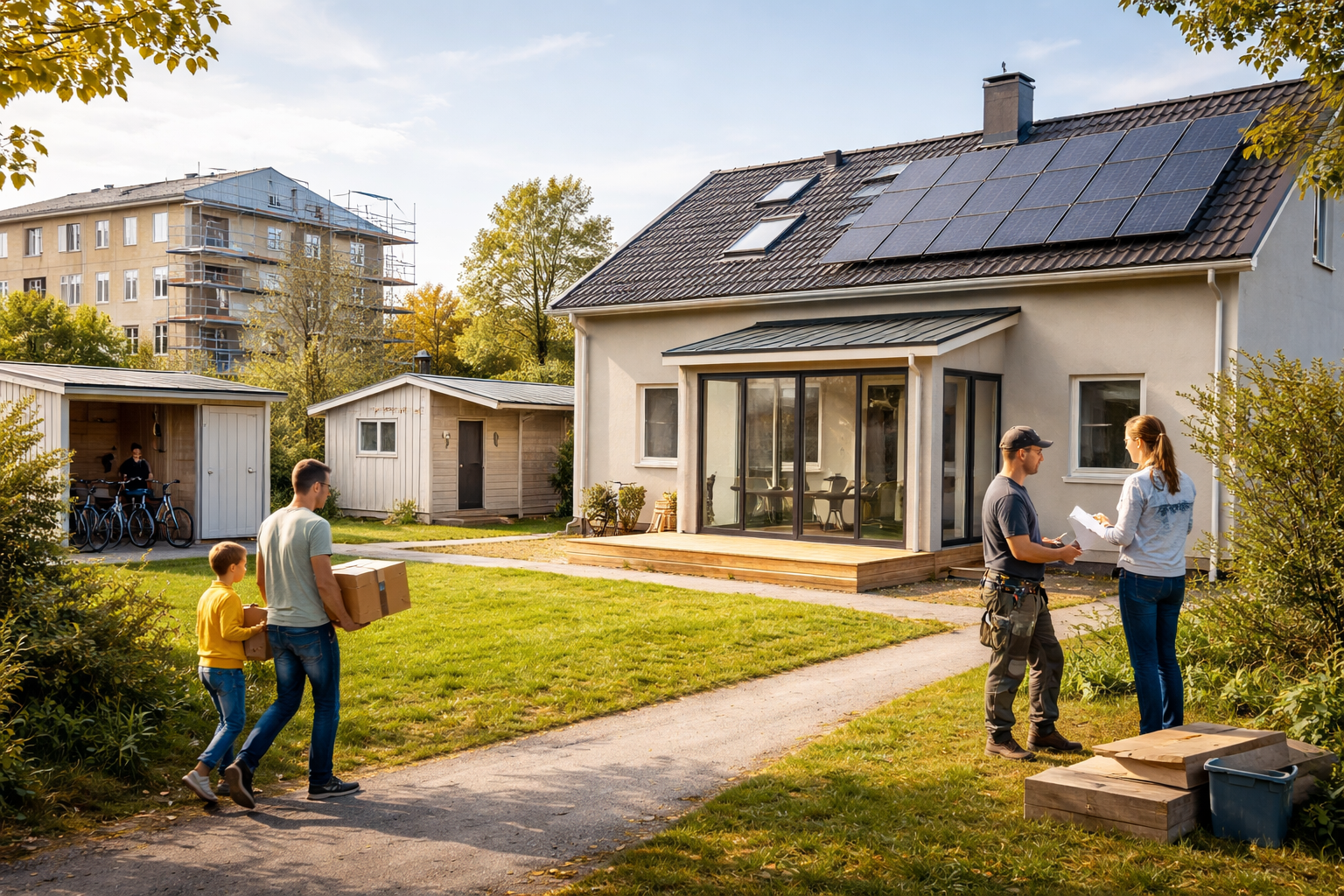 Fastighet med villa, två mindre byggnader och en familj som flyttar in i ett lugnt bostadsområde.