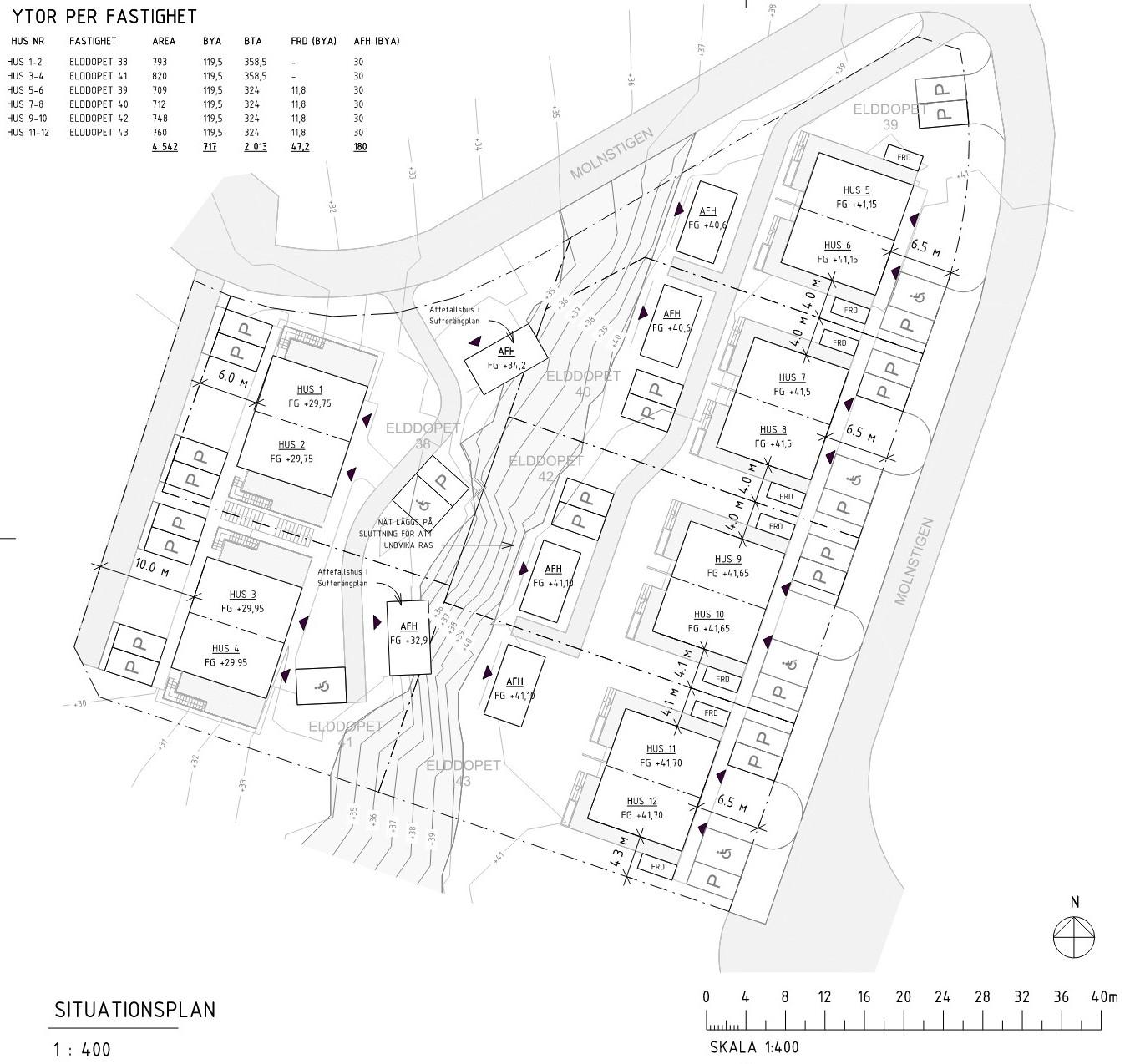 Situationsplan för Brf. Molnstigen som visar placering av 6 parhus och 6 attefallshus i området.
