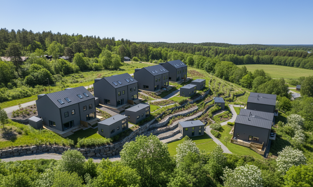 Flygvy över Brf. Molnstigen med sex moderna parhus och sex attefallshus placerade i terrasserad naturmiljö i Stockholm.