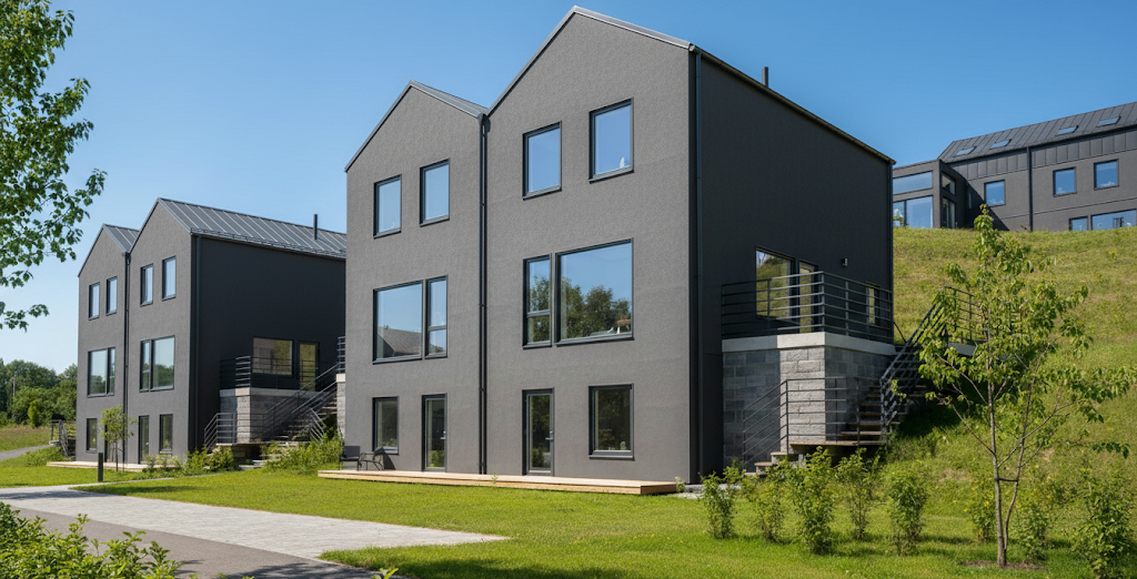 Parhus i Brf Molnstigen med modern grå fasad, stora fönster och terrass i soligt bostadsområde.