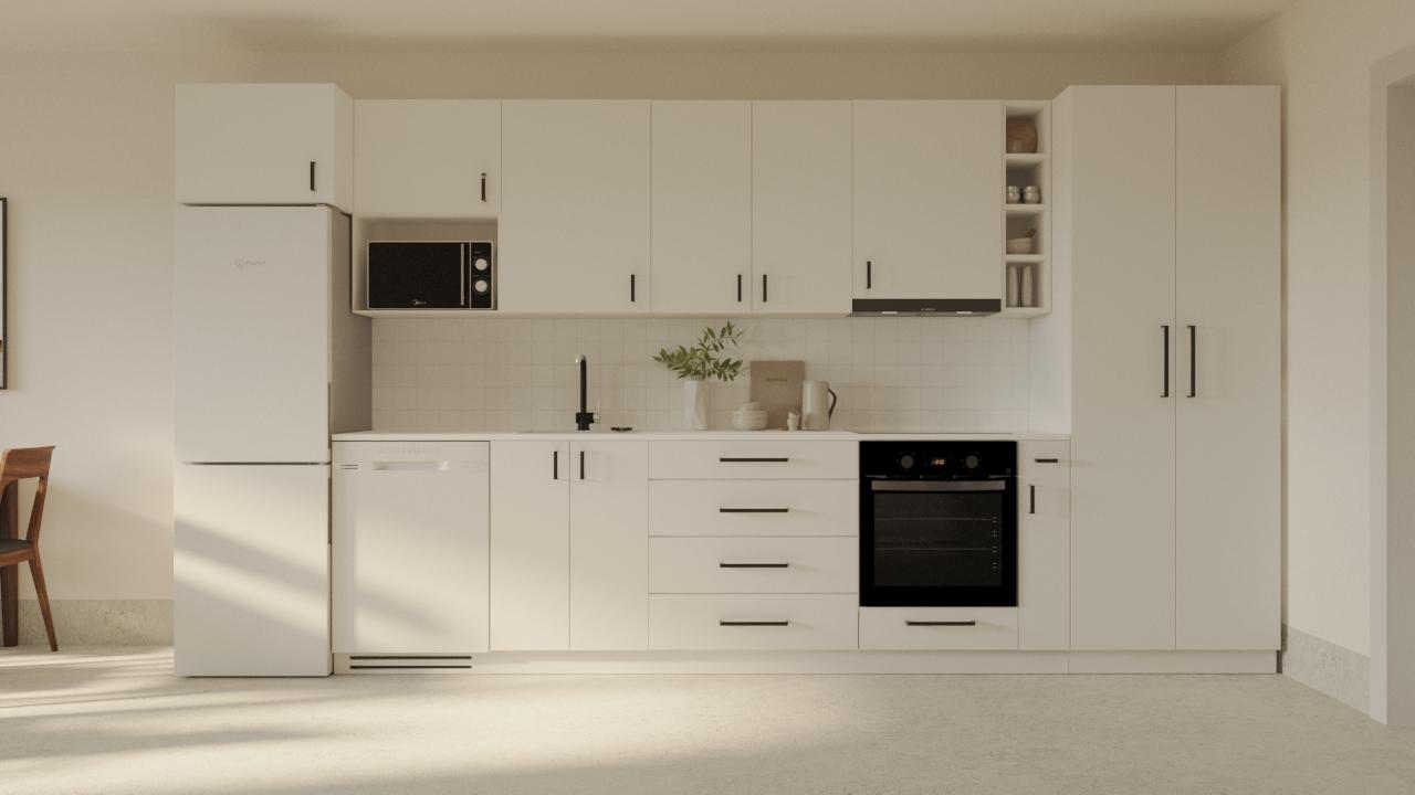 Modernt kök i LSS Nocken med vita luckor, integrerade vitvaror och öppen planlösning.