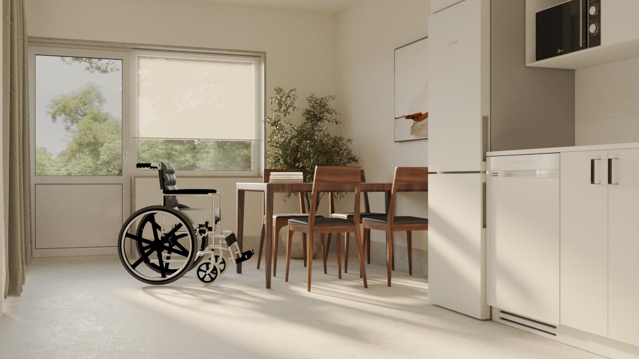 Matsal i LSS Nocken med rullstol vid matbordet och fönster mot gården.