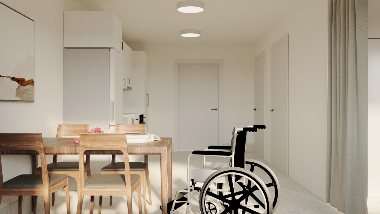 Interiör av LSS Nocken med matsal, rullstol och korridor i bakgrunden.