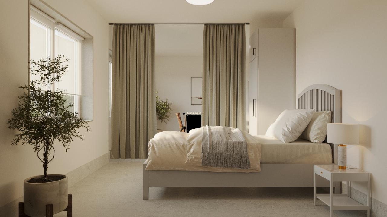 Sovrum i LSS Nocken med bäddad säng, gardiner och växt vid fönstret.