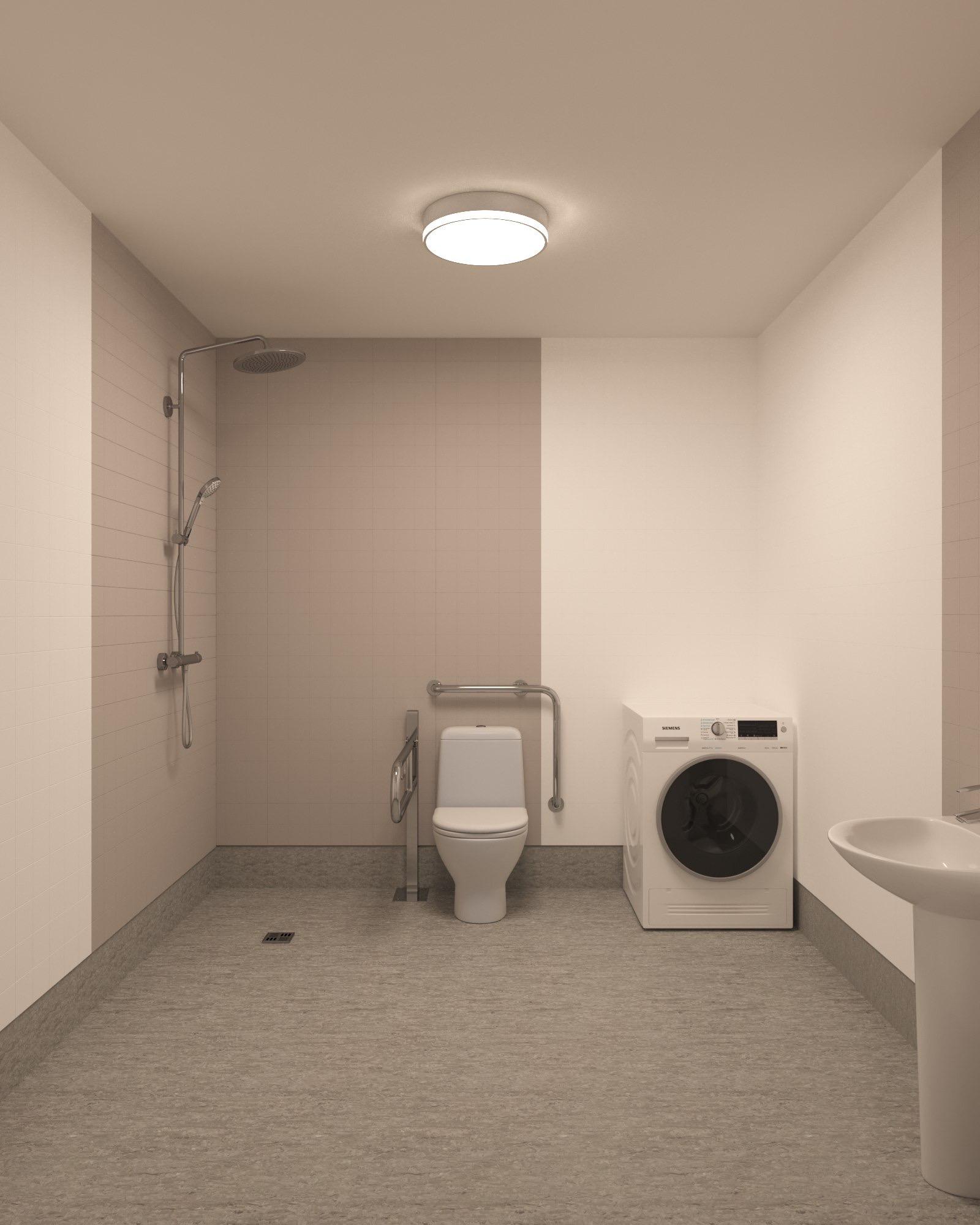 Kombinerat badrum och tvätt i LSS Nocken med dusch, toalett och tvättmaskin.